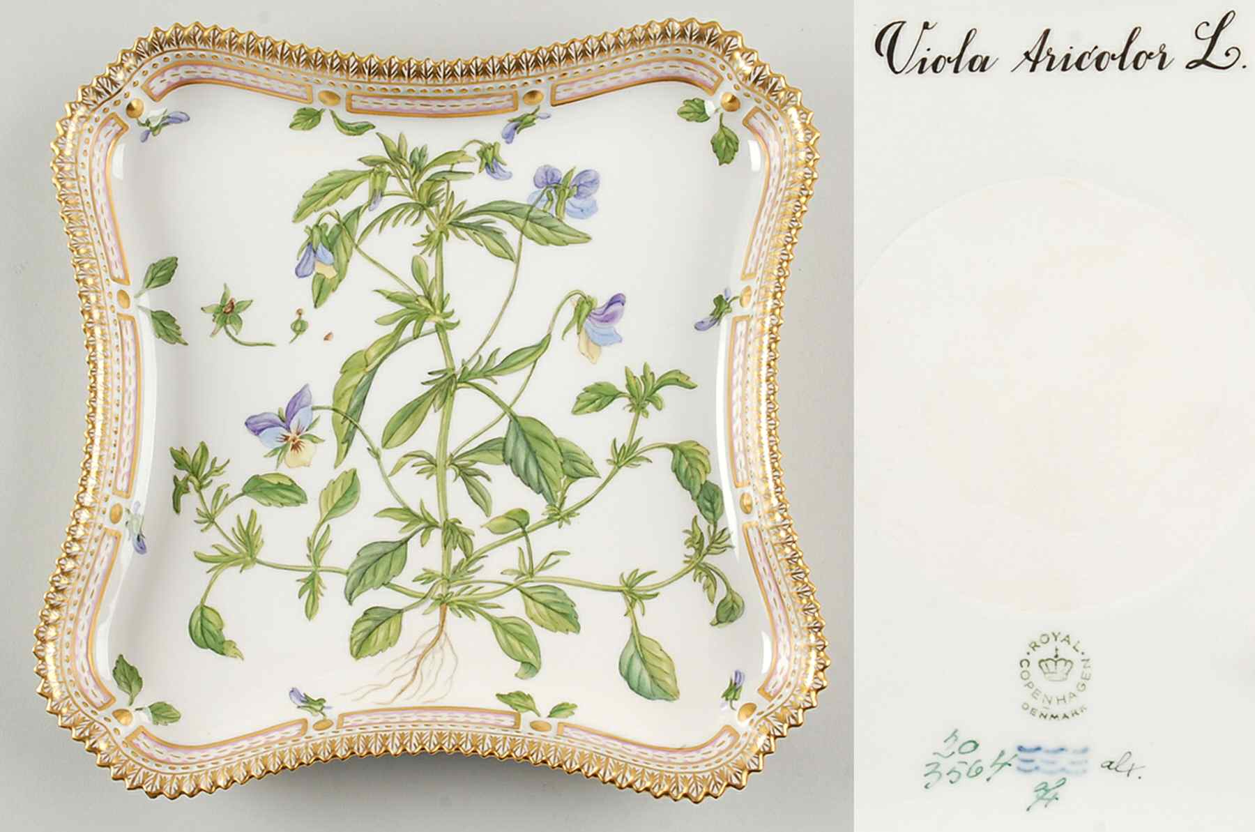 Flora Danica (1961 To Current) 9" Square Tray-Viola tricolor L by Royal Copenhagen-1