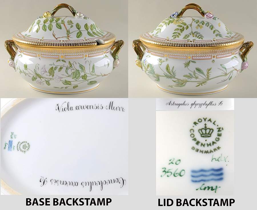 Flora Danica (1961 To Current) 5 Qt Oval Tureen & Lid-Convol Arvens,Viola arvense by Royal Copenhagen-1