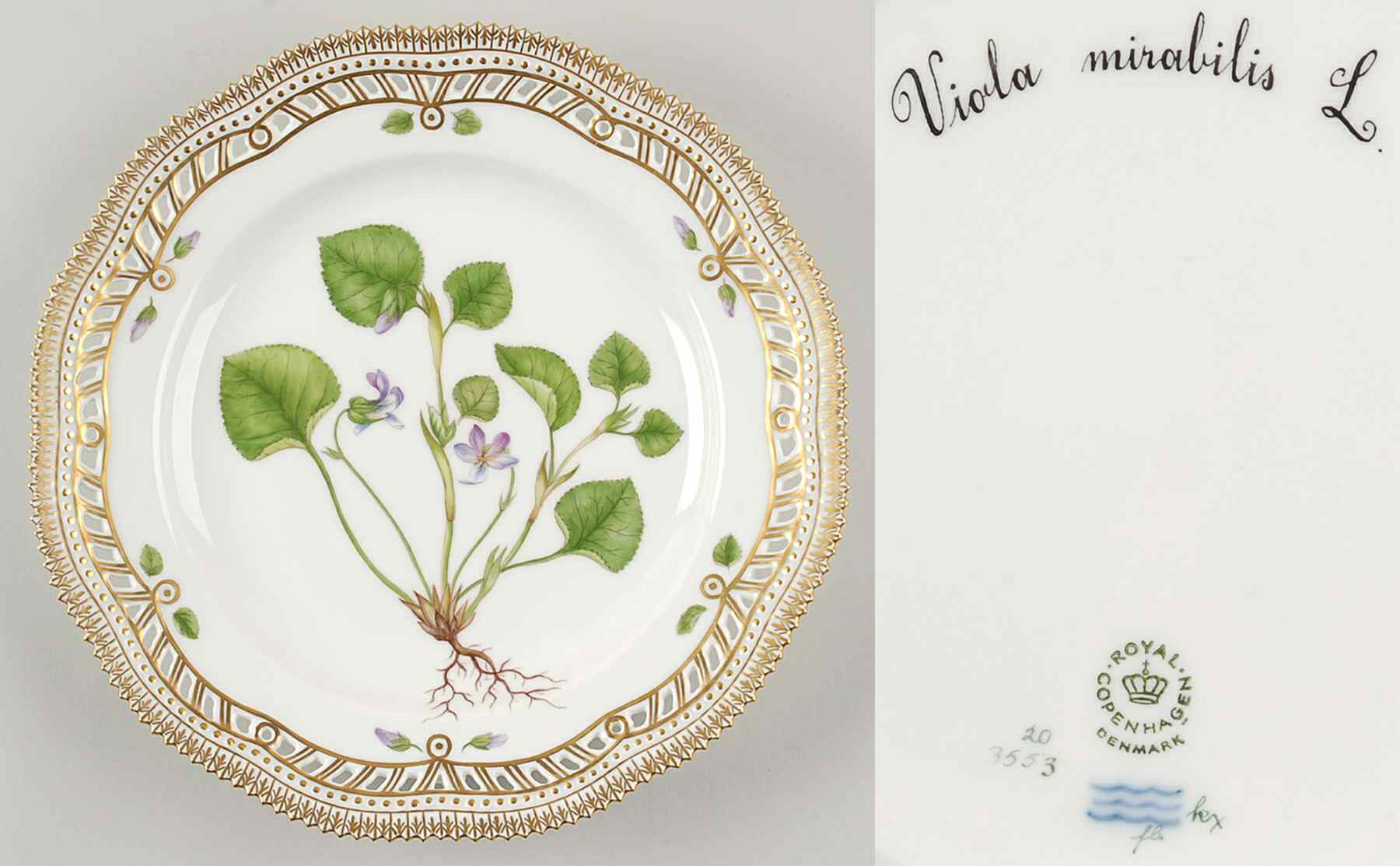Flora Danica (1961 To Current) 10" Pierced Dinner Plate/Fruit Std-Viola mirabilis by Royal Copenhagen-1