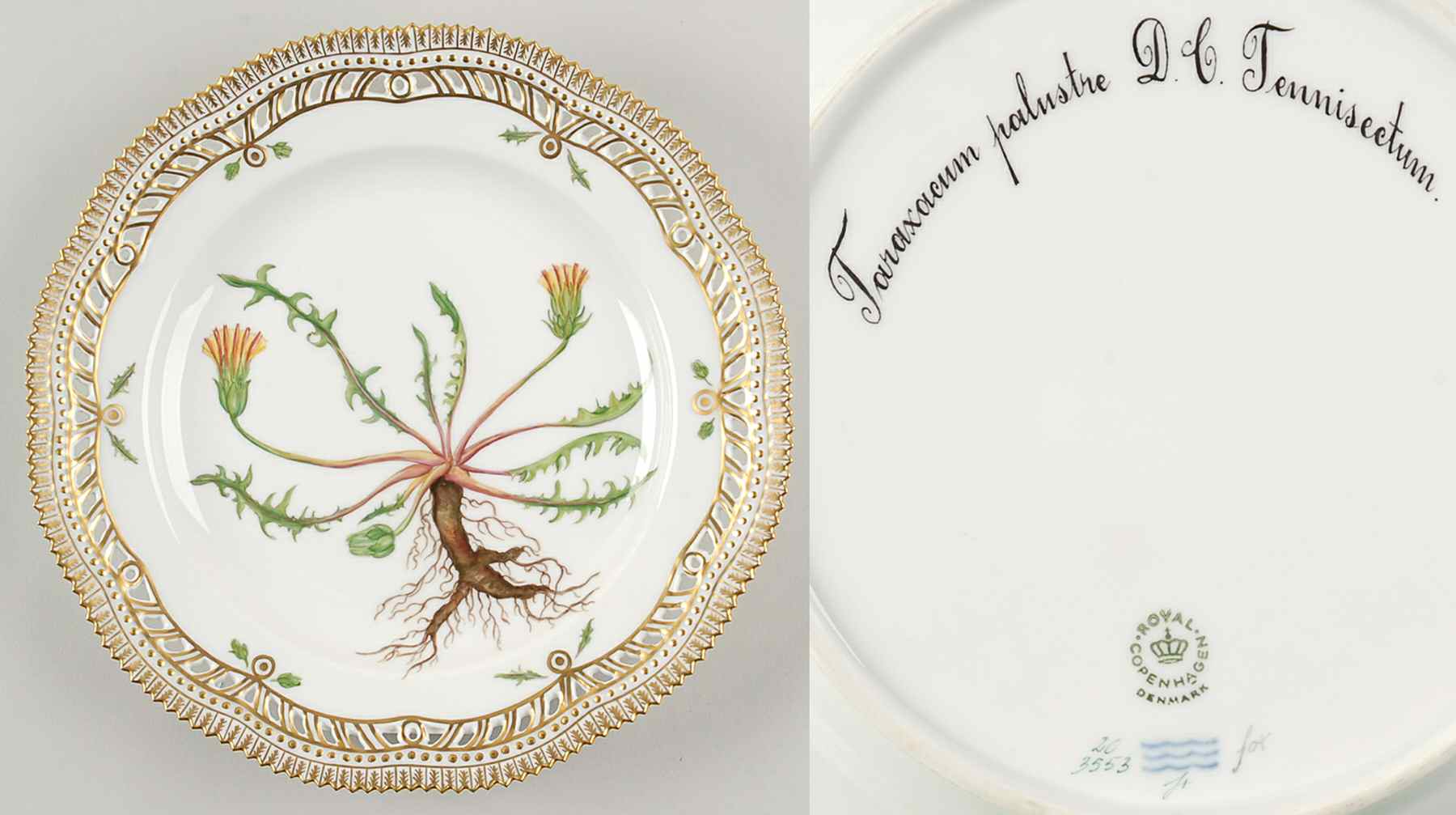 Flora Danica (1961 To Current) 10" Pierced Dinner Plate/Fruit Std-Taraxacum palus by Royal Copenhagen-1