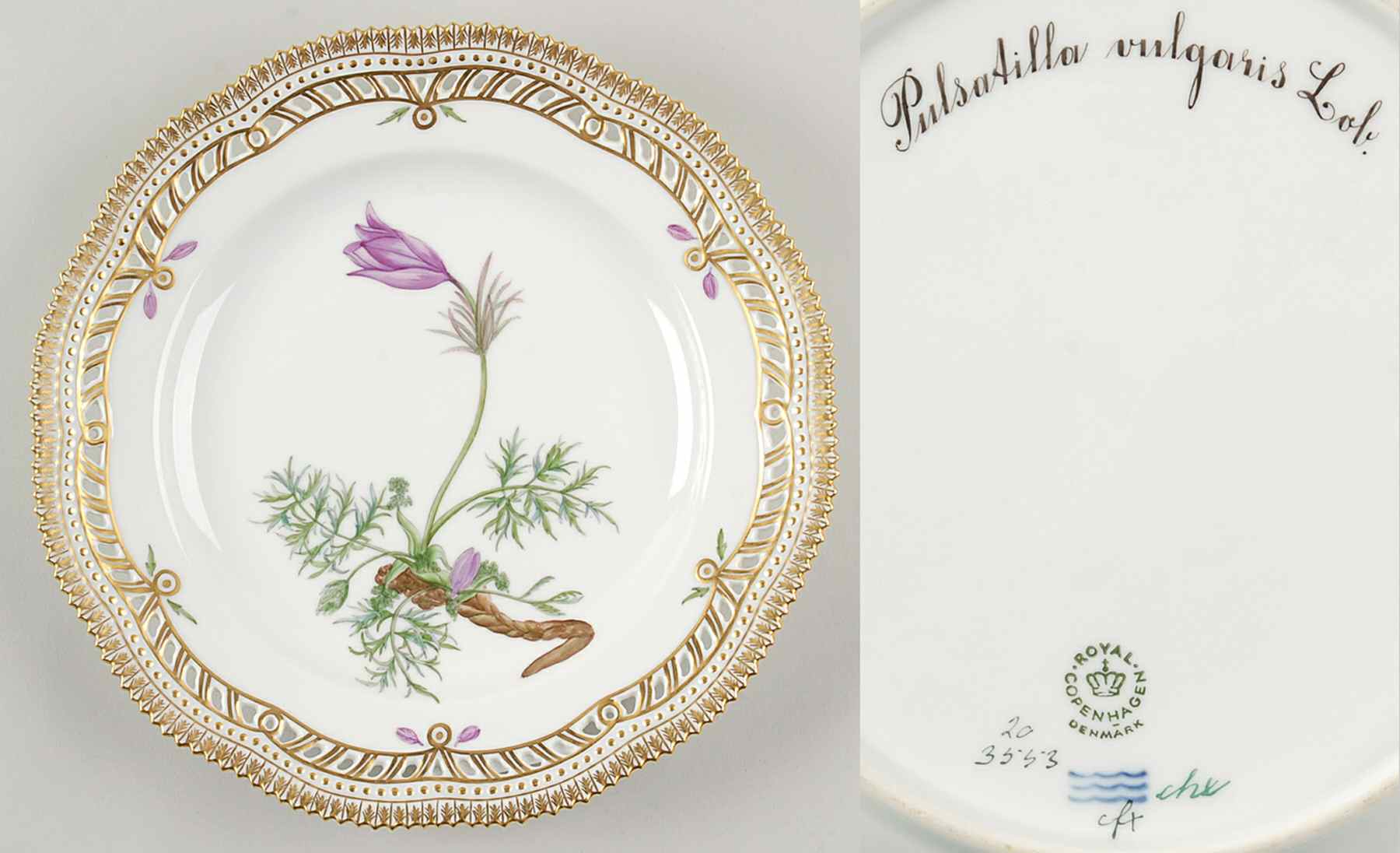 Flora Danica (1961 To Current) 10" Pierced Dinner Plate/Fruit Std-Pulsatilla vulg by Royal Copenhagen-1