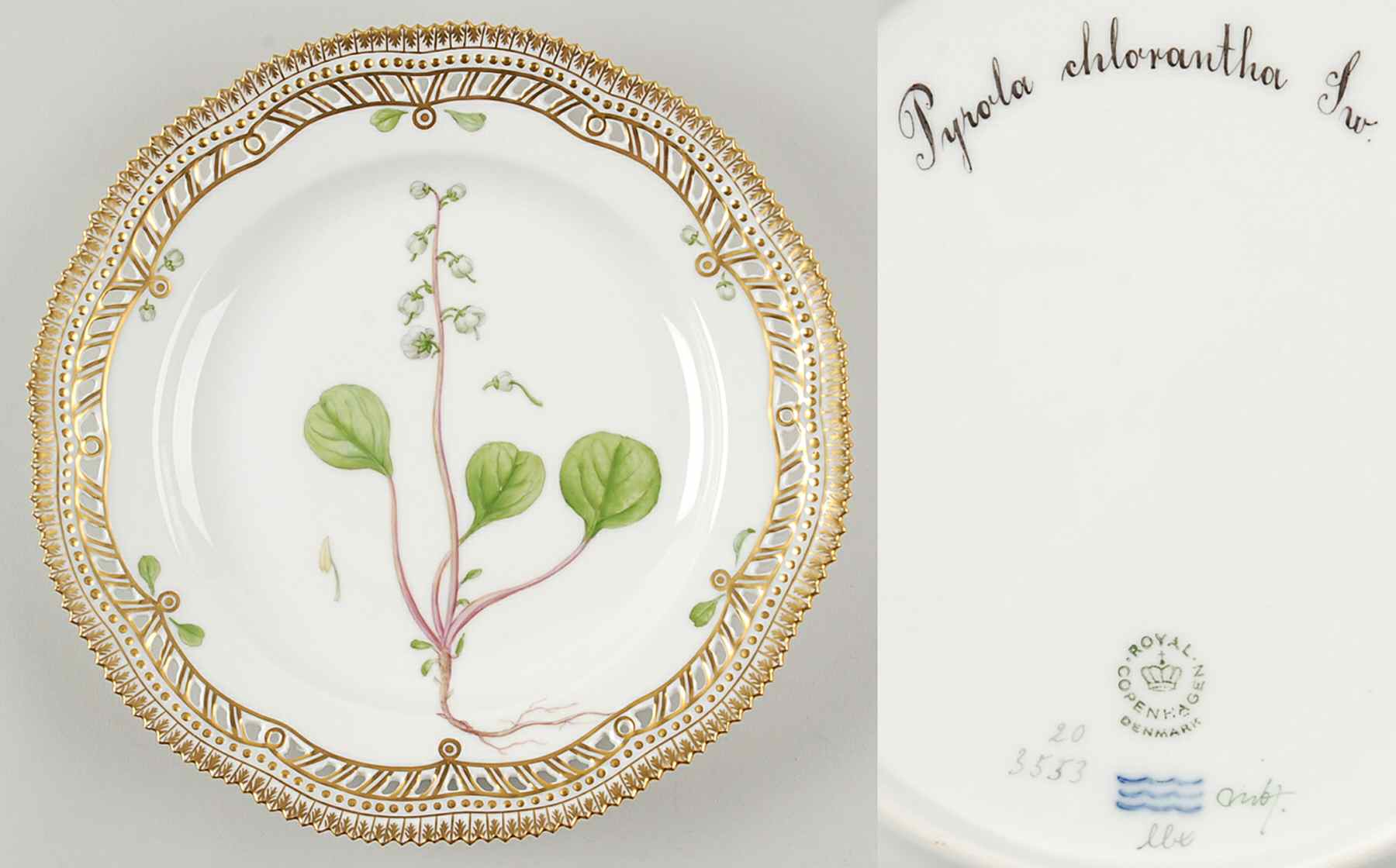 Flora Danica (1961 To Current) 10" Pierced Dinner Plate/Fruit Std-Pyrola chlorant by Royal Copenhagen-1