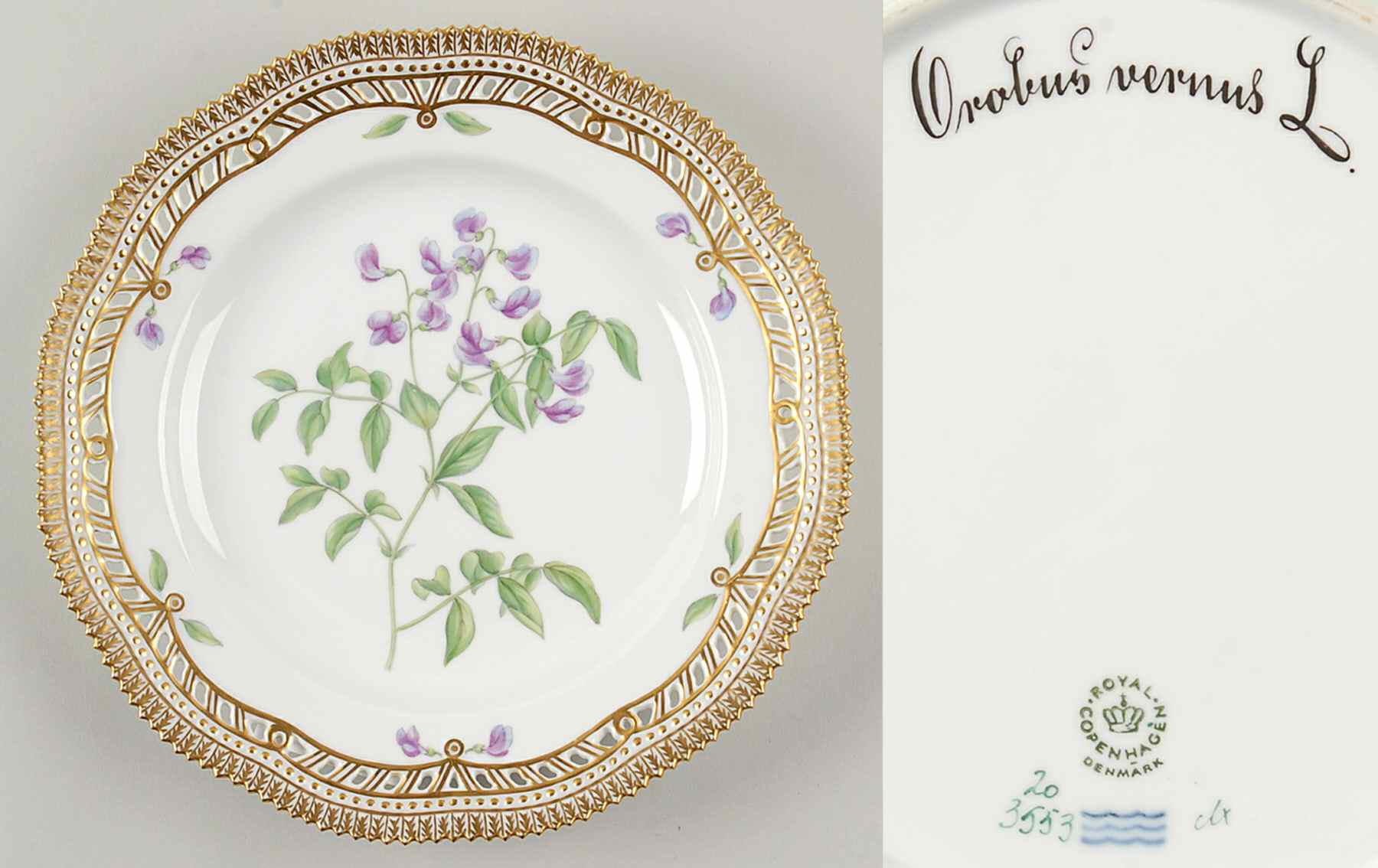 Flora Danica (1961 To Current) 10" Pierced Dinner Plate/Fruit Std-Orobus vernus L by Royal Copenhagen-1