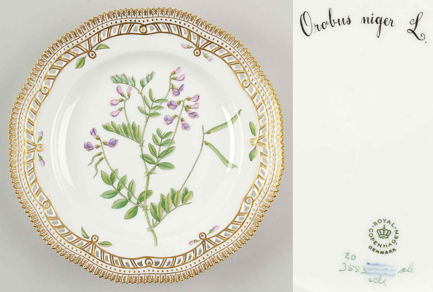 Flora Danica (1961 To Current) 10" Pierced Dinner Plate/Fruit Std-Orobus niger L by Royal Copenhagen-1