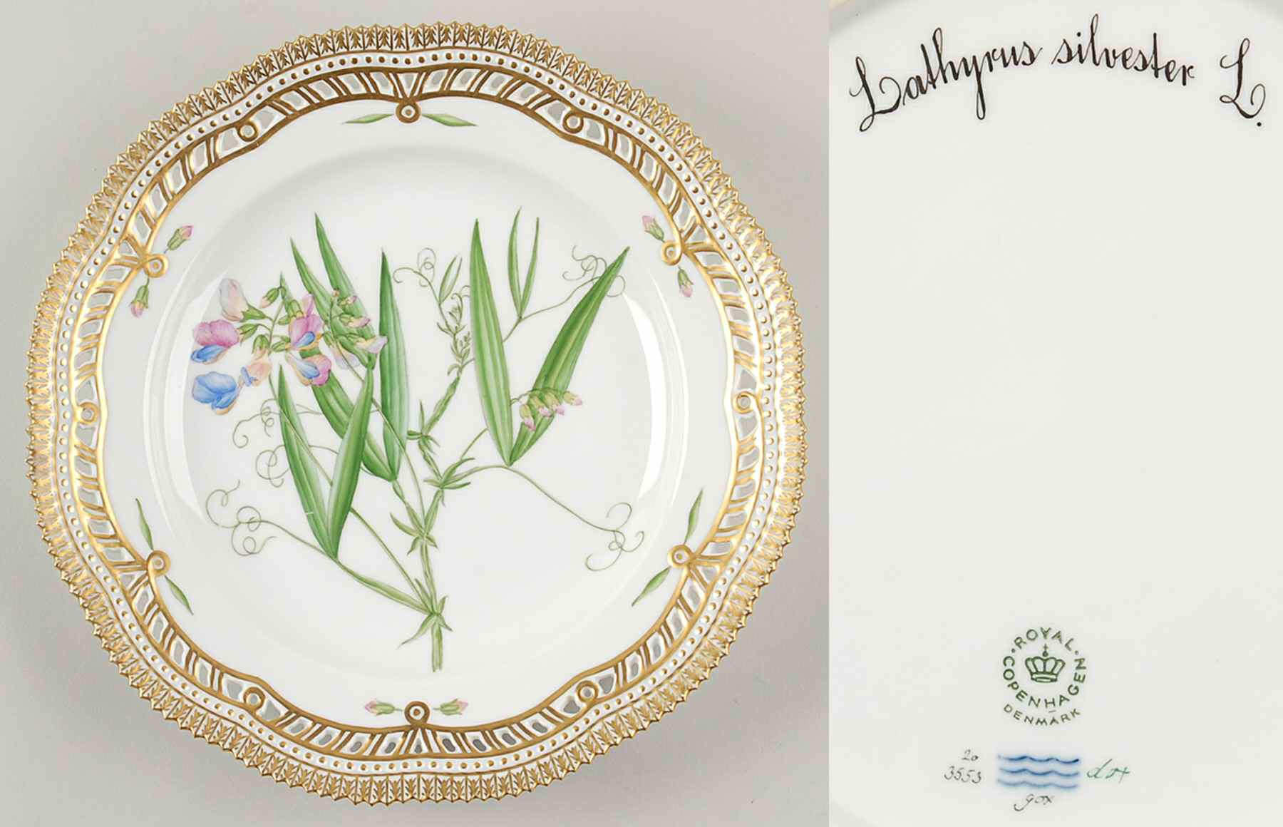 Flora Danica (1961 To Current) 10" Pierced Dinner Plate/Fruit Std-Lathyrus silves by Royal Copenhagen-1