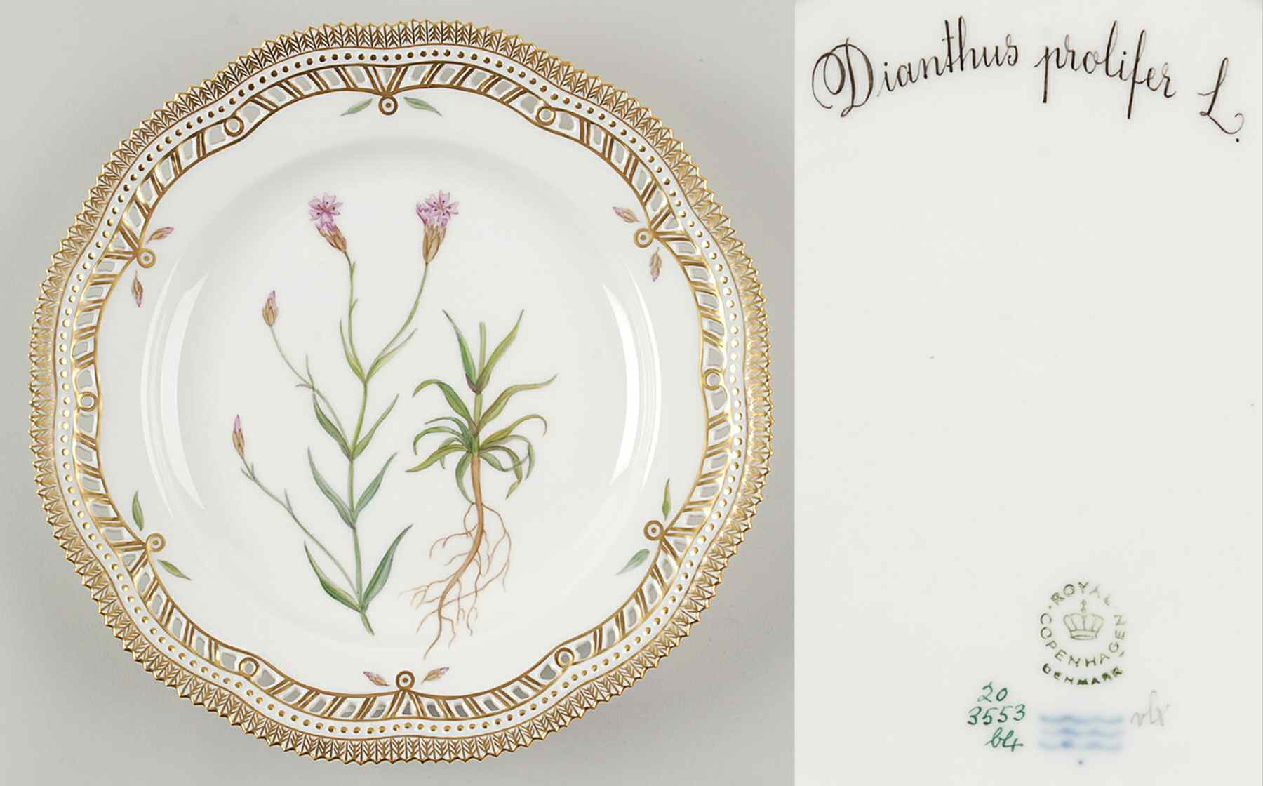 Flora Danica (1961 To Current) 10" Pierced Dinner Plate/Fruit Std-Dianthus prolif by Royal Copenhagen-1