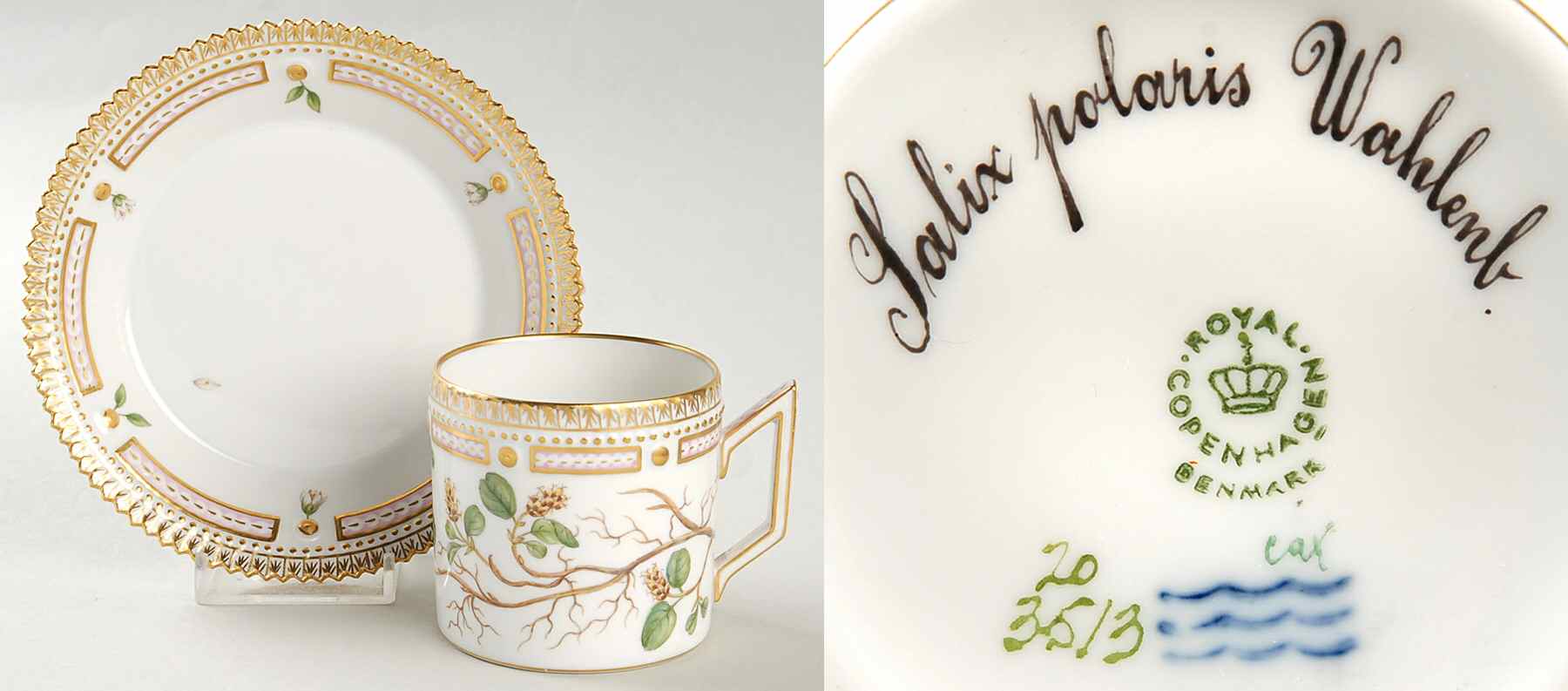 Flora Danica (1961 To Current) Chocolate Cup & Serrated Saucer-Salix polaris Wahl by Royal Copenhagen-1