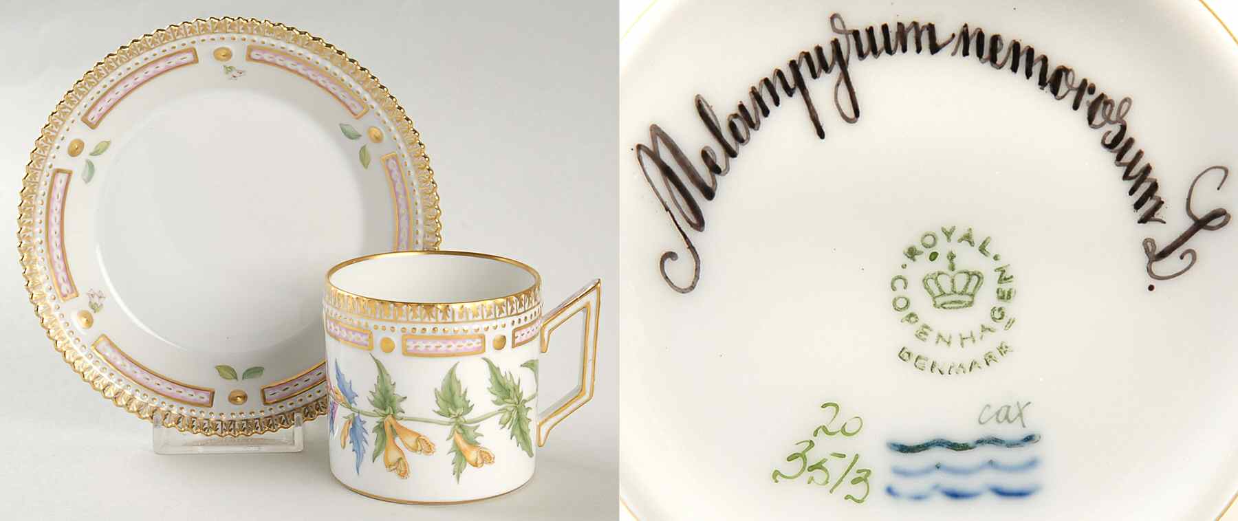 Flora Danica (1961 To Current) Chocolate Cup & Serrated Saucer-Melanpyrum nemoros by Royal Copenhagen-1