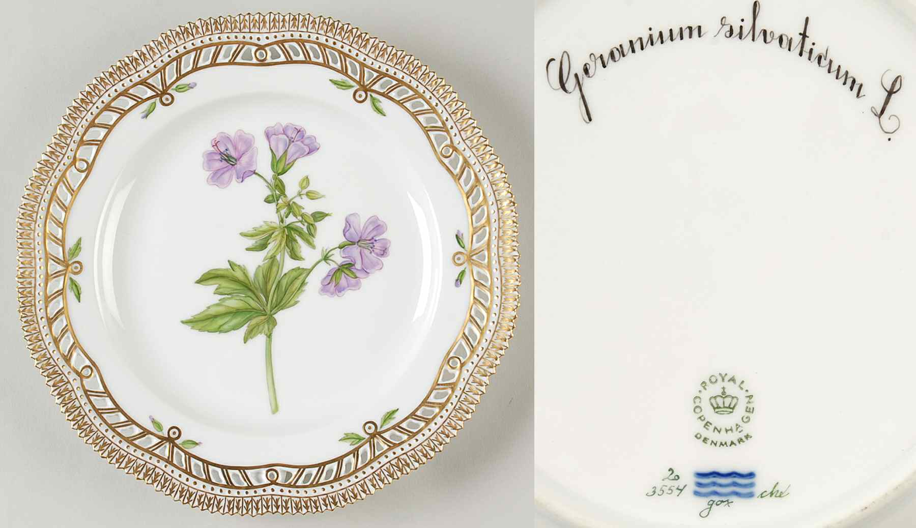 Flora Danica (1961 To Current) 9" Pierced Luncheon Plate/Fruit Std-Geranium silva by Royal Copenhagen-1