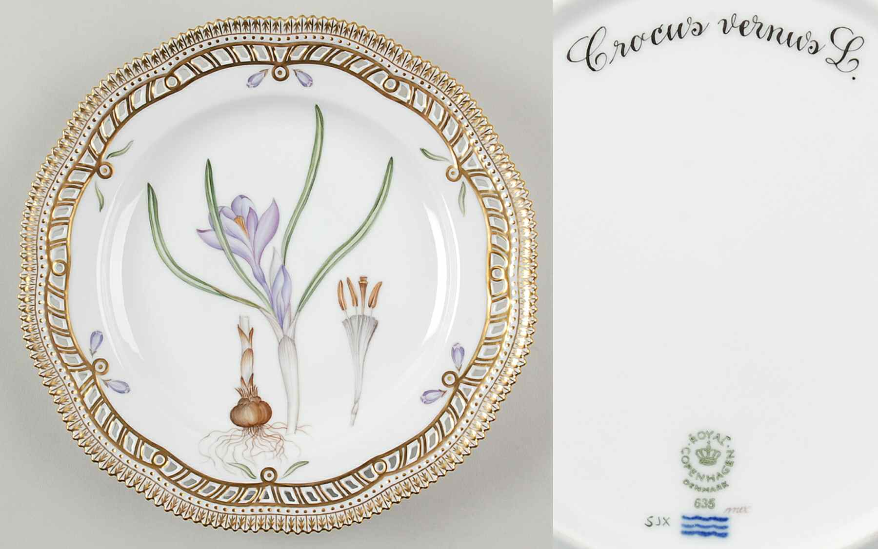 Flora Danica (1961 To Current) 9" Pierced Luncheon Plate/Fruit Std-Crocus vernus by Royal Copenhagen-1