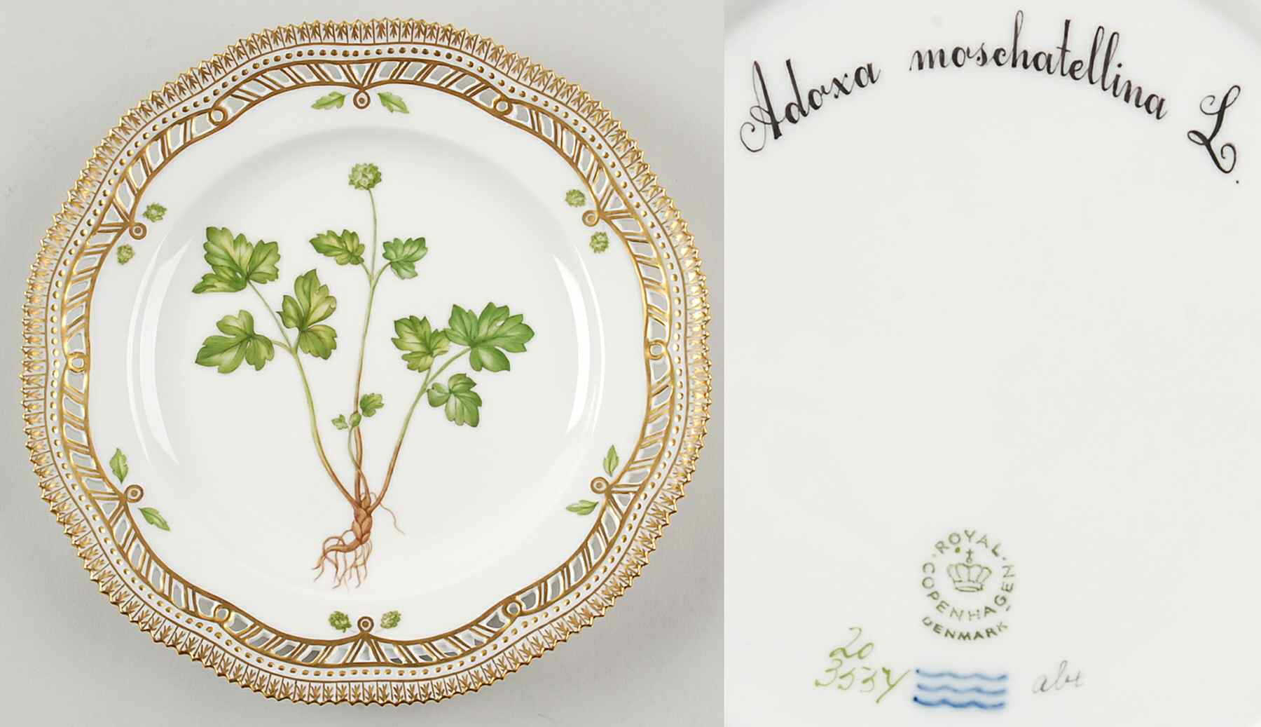 Flora Danica (1961 To Current) 9" Pierced Luncheon Plate/Fruit Std-Adoxa moschat by Royal Copenhagen-1