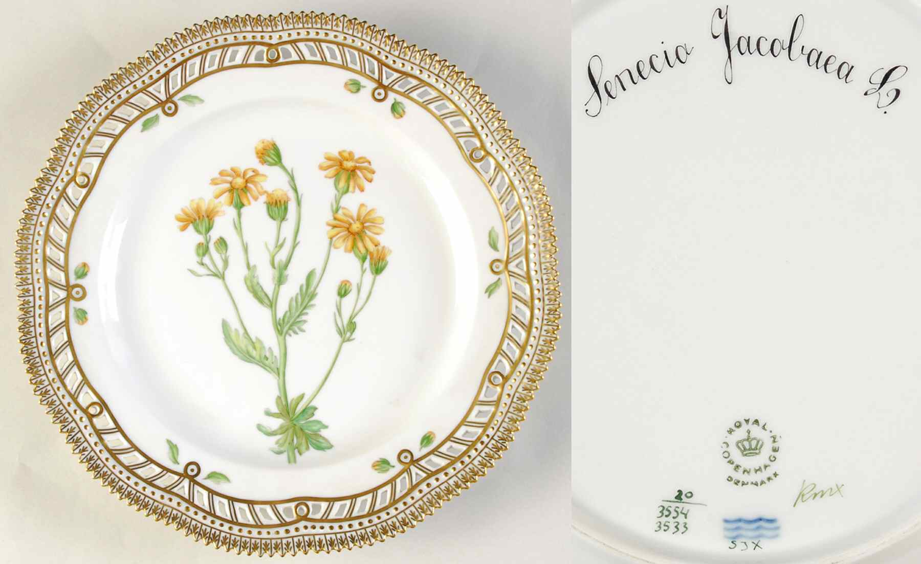 Flora Danica (1961 To Current) 9" Pierced Luncheon Plate/Fruit Std-Senecio Jacoba by Royal Copenhagen-1