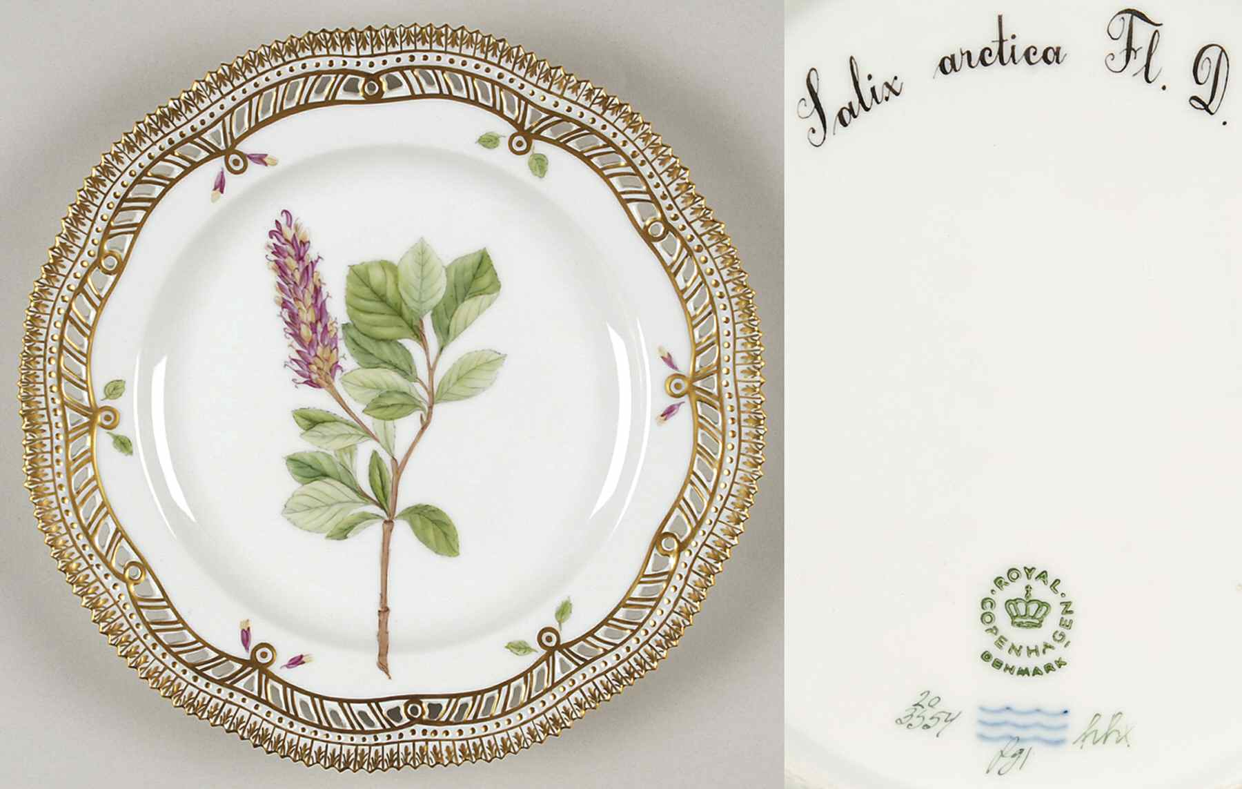 Flora Danica (1961 To Current) 9" Pierced Luncheon Plate/Fruit Std-Salix arctica by Royal Copenhagen-1