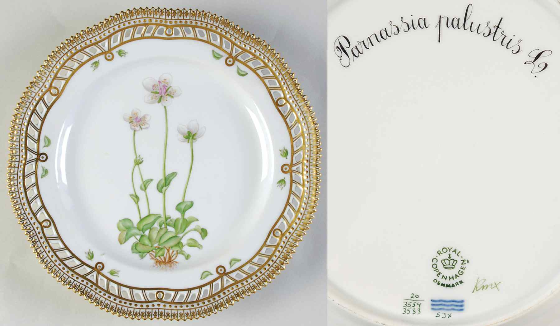 Flora Danica (1961 To Current) 9" Pierced Luncheon Plate/Fruit Std-Parnassia palu by Royal Copenhagen-1