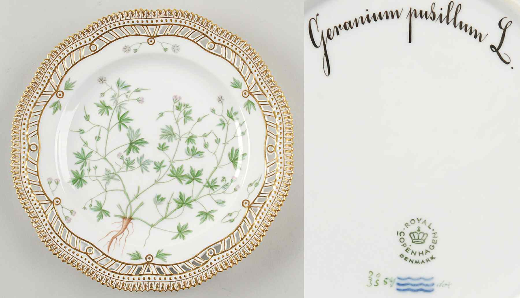 Flora Danica (1961 To Current) 9" Pierced Luncheon Plate/Fruit Std-Geranium pusil by Royal Copenhagen-1