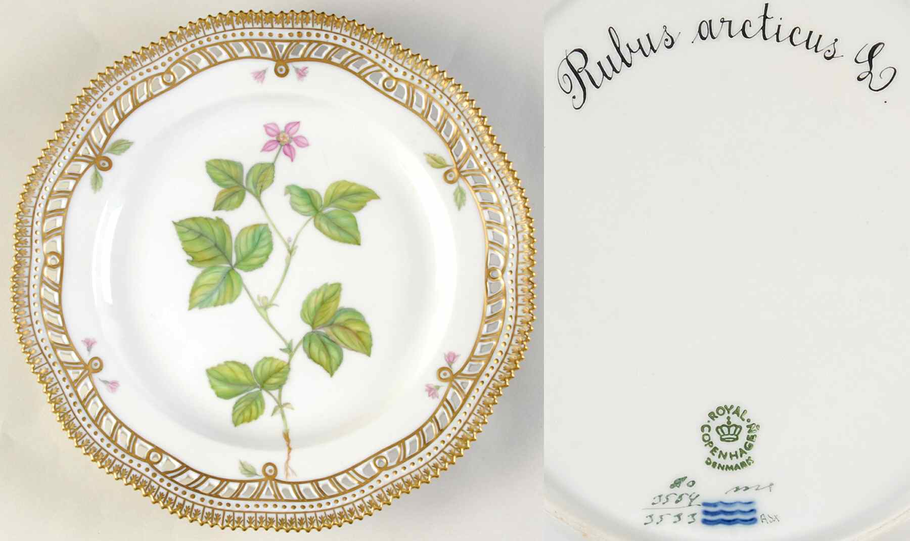 Flora Danica (1961 To Current) 9" Pierced Luncheon Plate/Fruit Std-Rubus arcticus by Royal Copenhagen-1