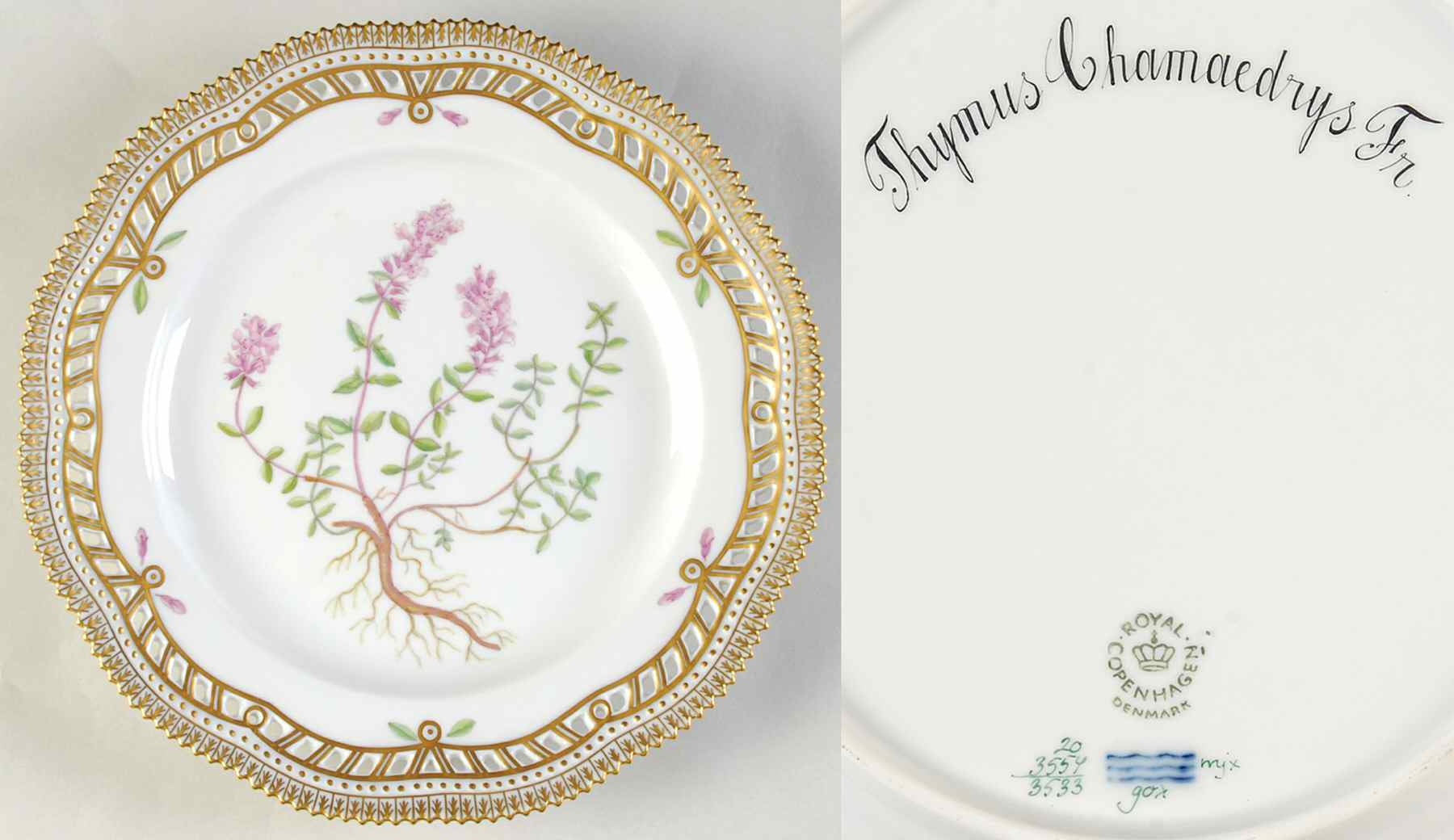 Flora Danica (1961 To Current) 9" Pierced Luncheon Plate/Fruit Std-Thymus Chamedr by Royal Copenhagen-1
