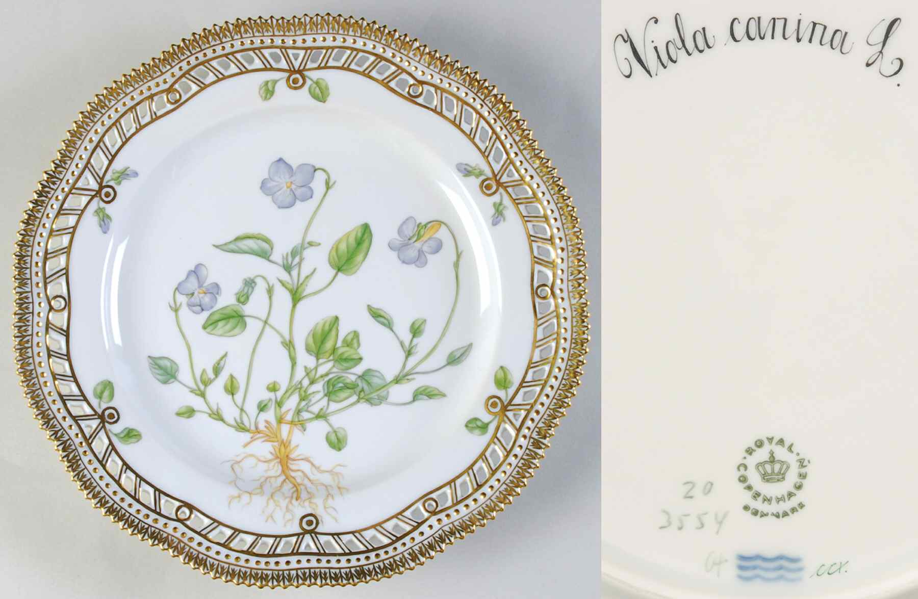 Flora Danica (1961 To Current) 9" Pierced Luncheon Plate/Fruit Std-Viola canina L by Royal Copenhagen-1