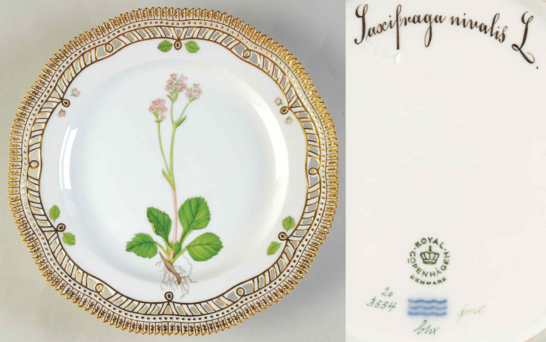 Flora Danica (1961 To Current) 9" Pierced Luncheon Plate/Fruit Std-Saxifraga niva by Royal Copenhagen-1