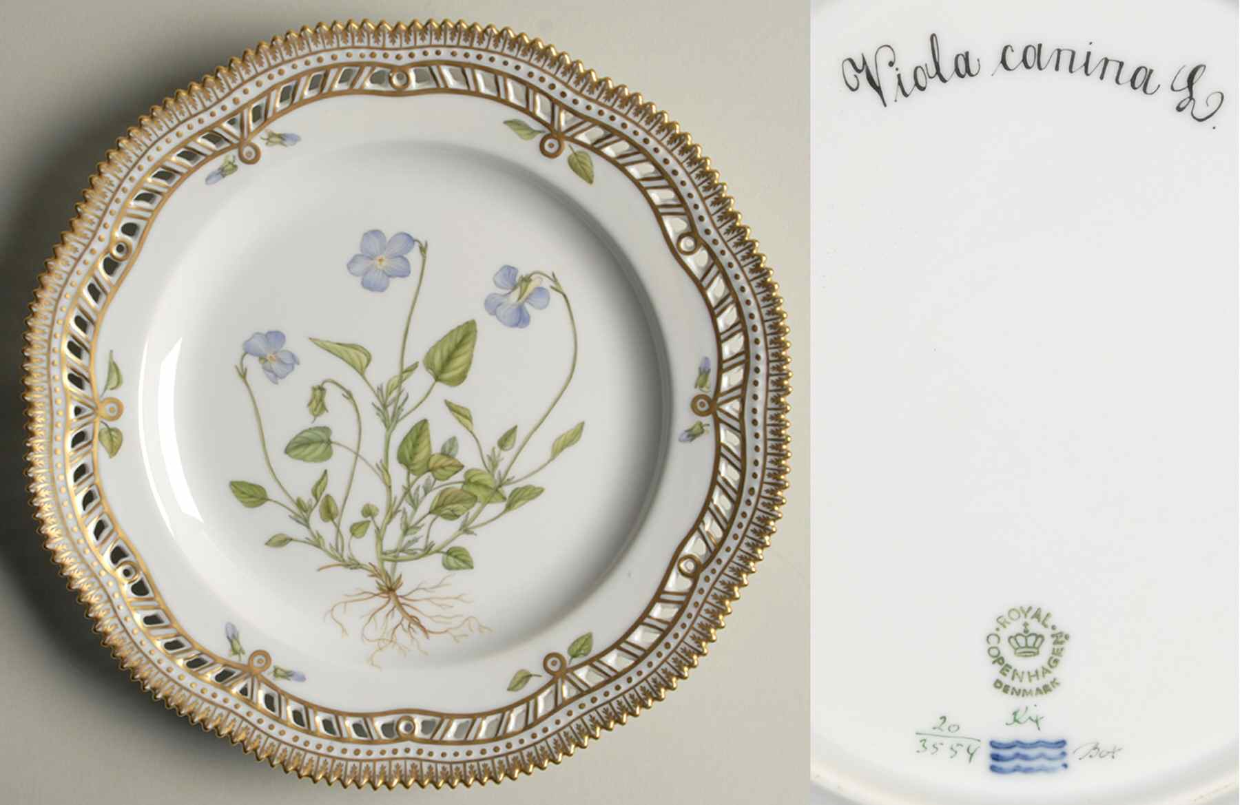Flora Danica (1961 To Current) 9" Pierced Luncheon Plate/Fruit Std-Viola canina L by Royal Copenhagen-1