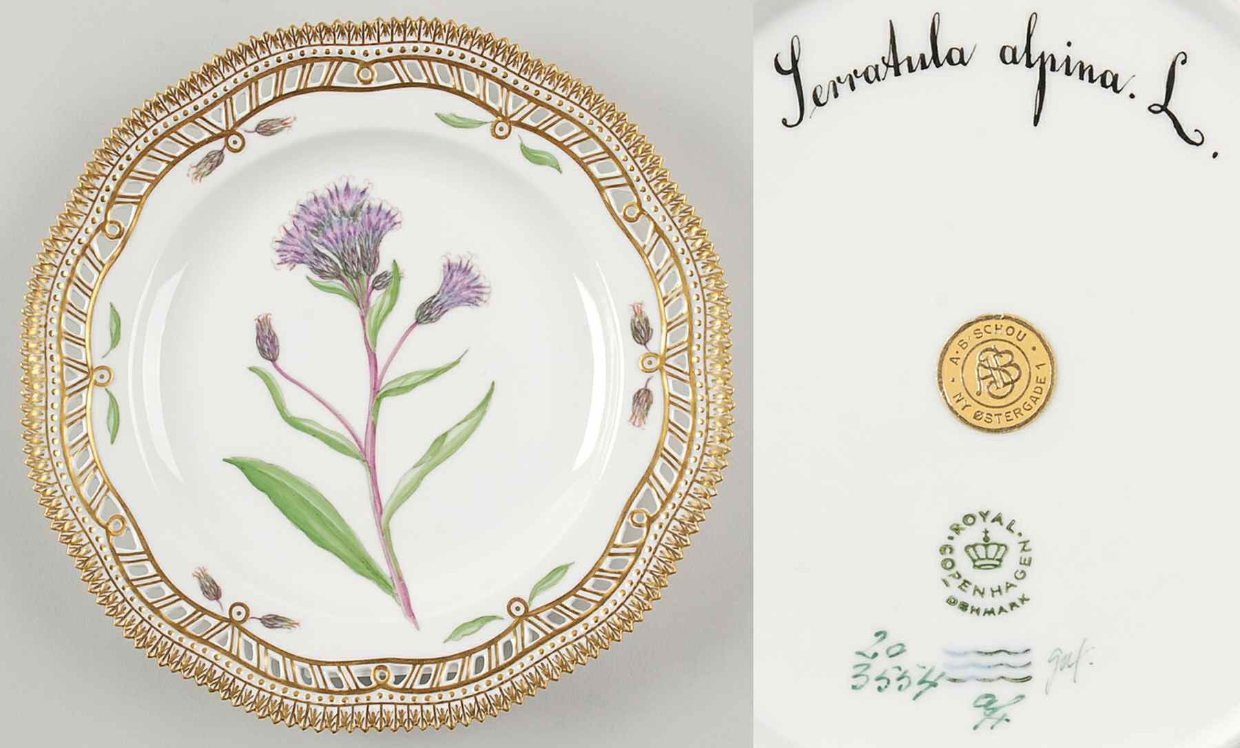 Flora Danica (1961 To Current) 9" Pierced Luncheon Plate/Fruit Std-Serratula alpi by Royal Copenhagen-1