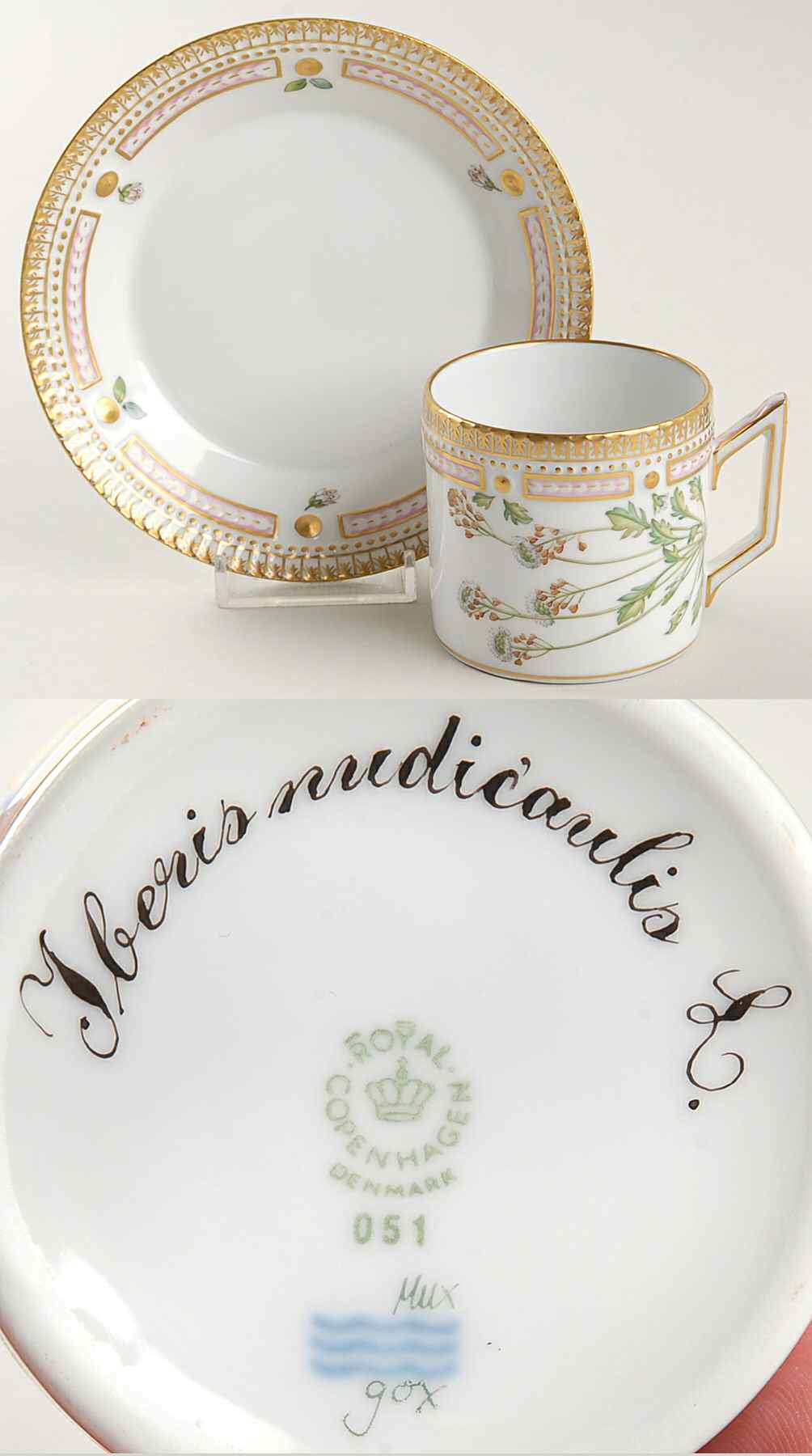 Flora Danica (1961 To Current) Chocolate Cup & Smooth Saucer-Iberis nudicaulis L by Royal Copenhagen-1