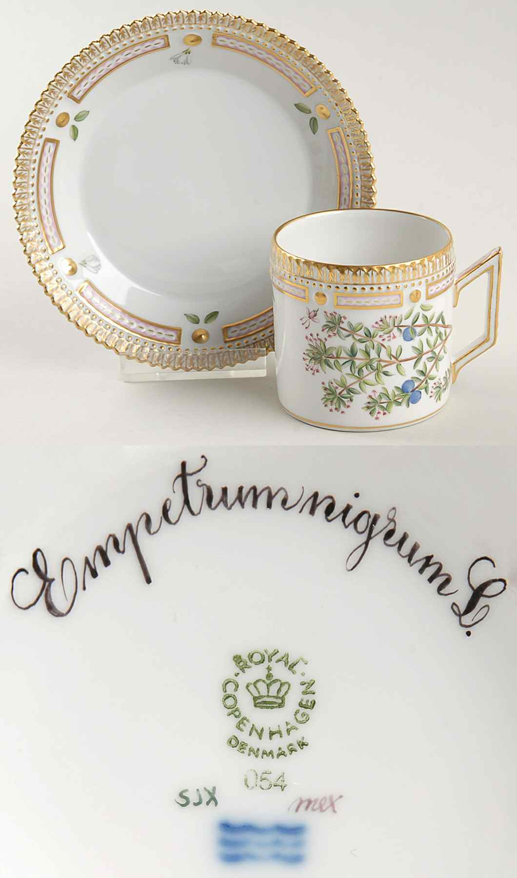 Flora Danica (1961 To Current) Chocolate Cup & Serrated Saucer-Empetrum nigrum L by Royal Copenhagen-1
