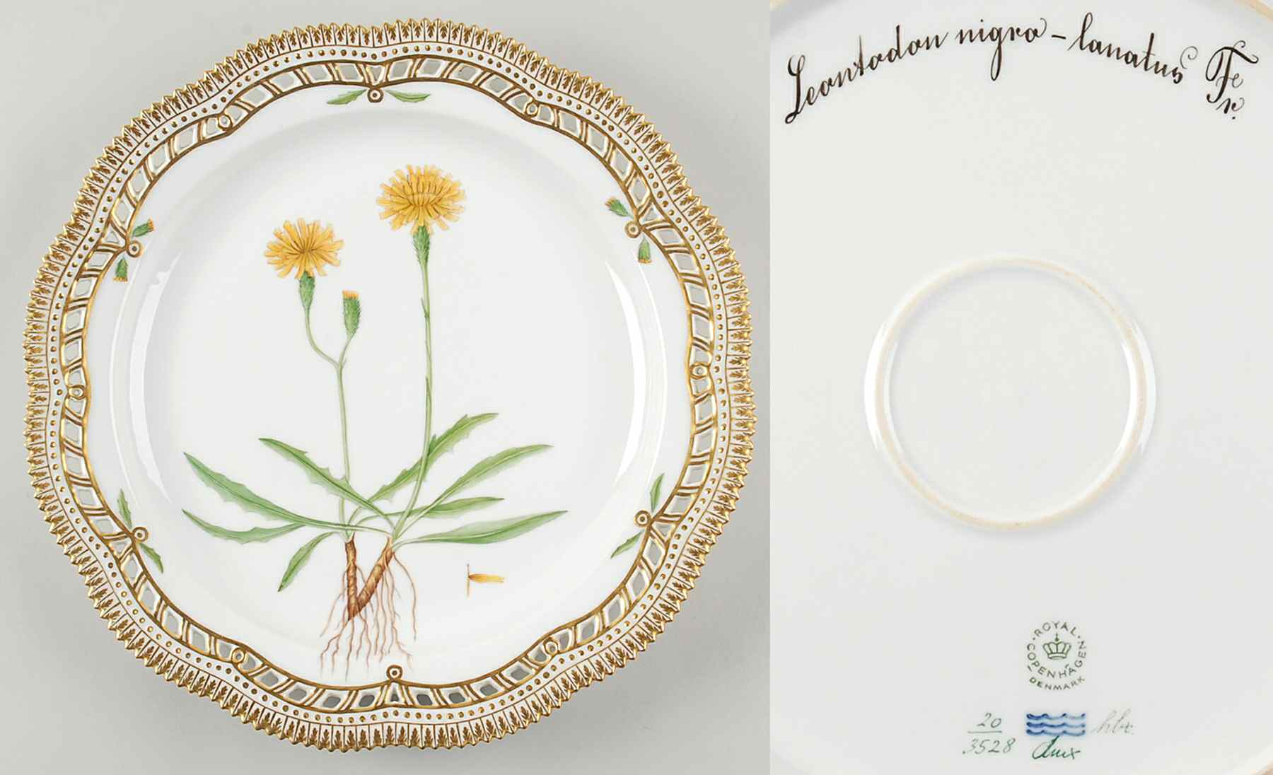 Flora Danica (1961 To Current) 13" Round Pierced Platter-Leontodon nigro-lanatus by Royal Copenhagen-1