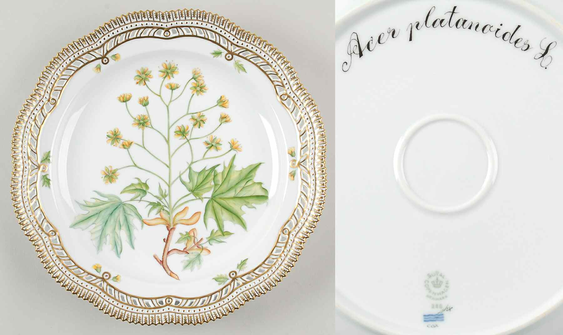 Flora Danica (1961 To Current) 10" Round Pierced Platter-Acer platanoides L by Royal Copenhagen-1