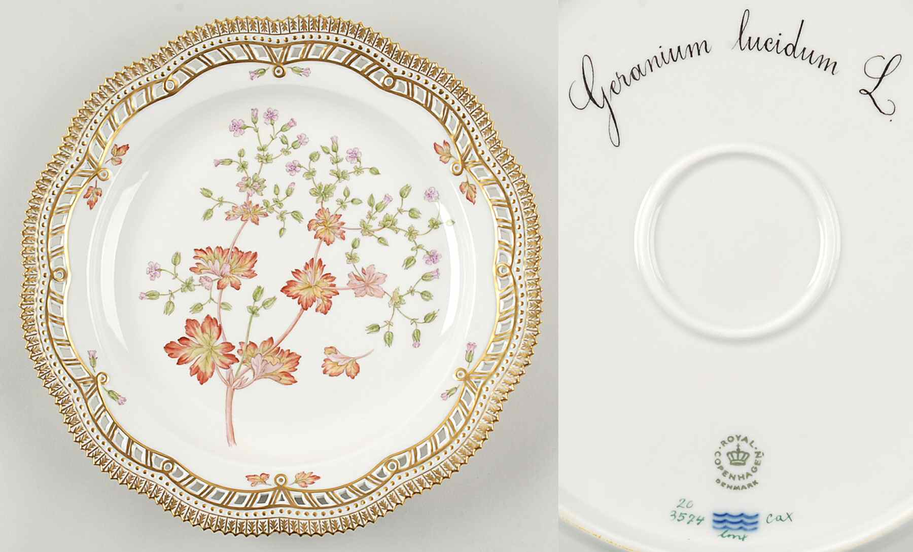 Flora Danica (1961 To Current) 11" Round Pierced Platter-Geranium lucidum L by Royal Copenhagen-1