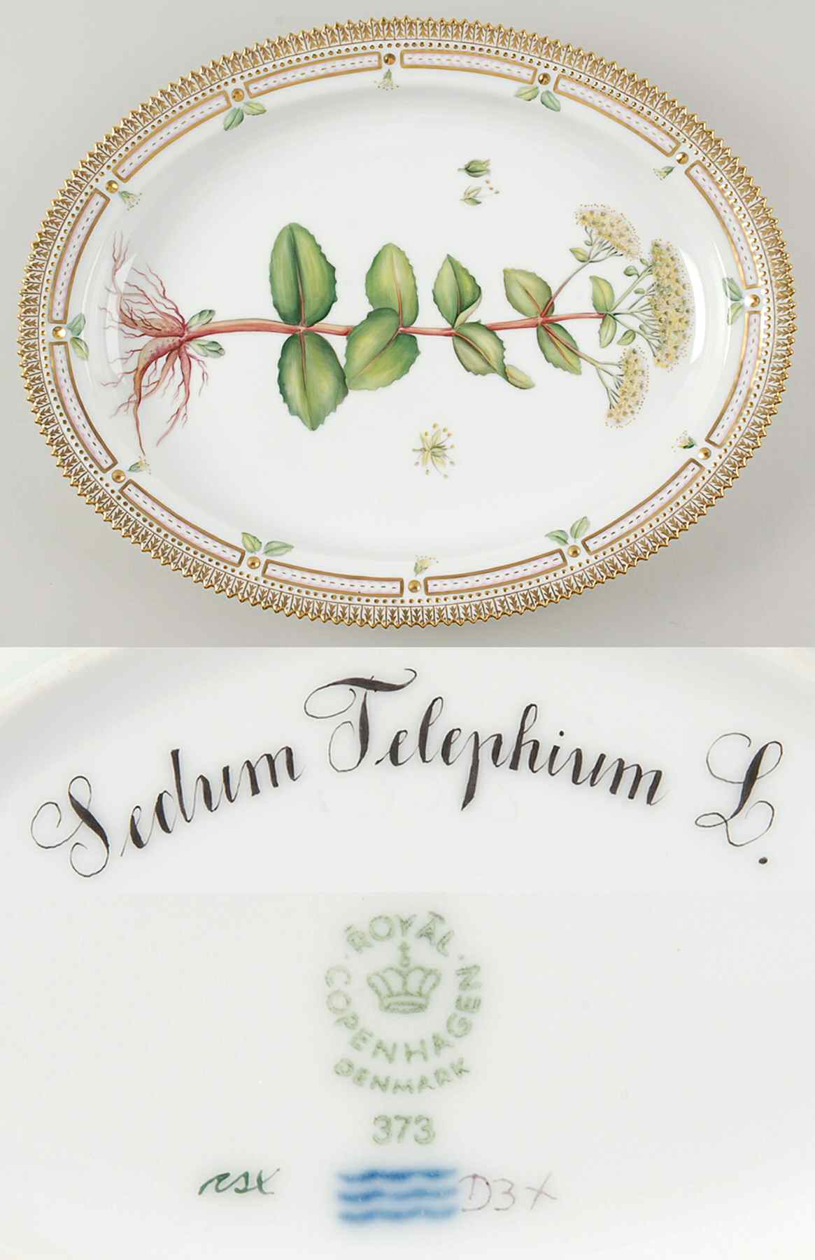 Flora Danica (1961 To Current) 15" Oval Serving Platter-Sedum Telephium L by Royal Copenhagen-1