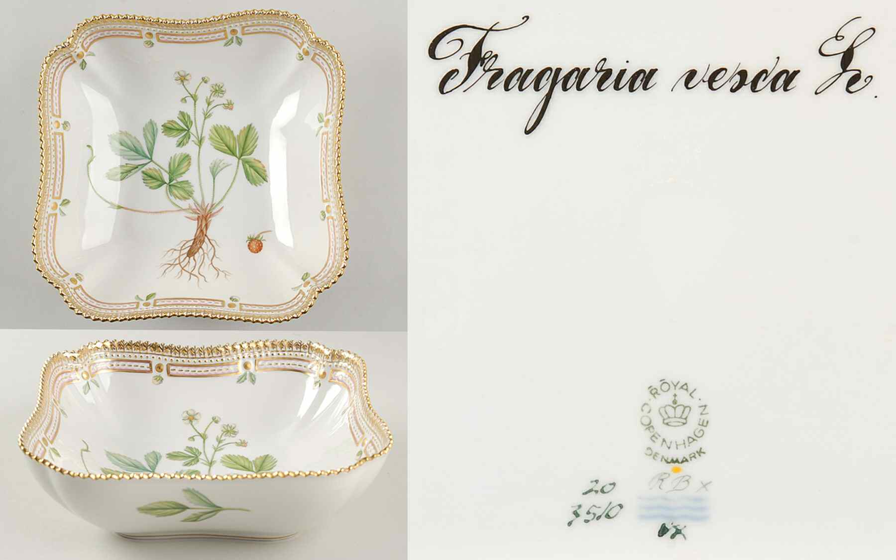 Flora Danica (1961 To Current) 8" Square Salad Serving Bowl-Fragaria vesca L by Royal Copenhagen-1