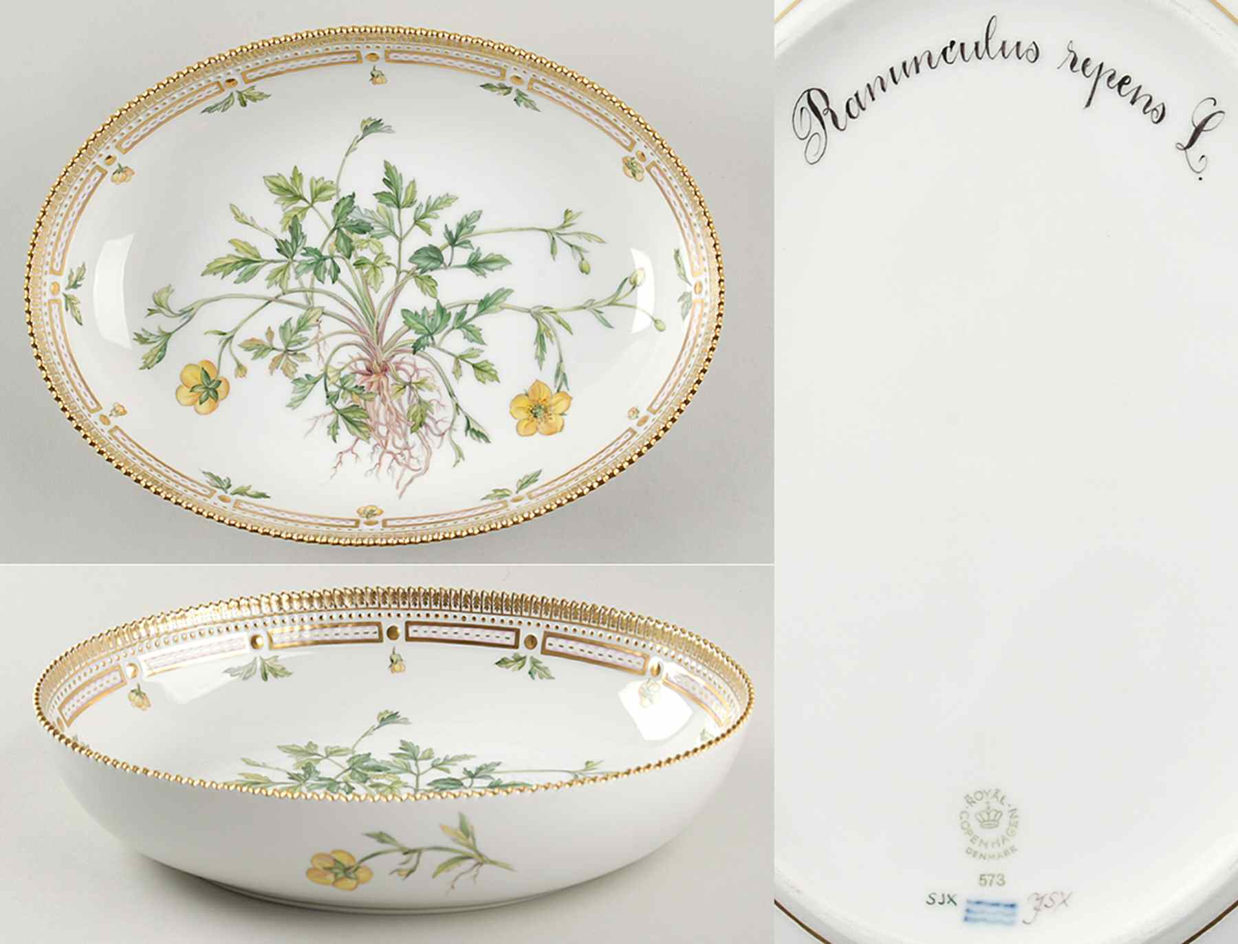Flora Danica (1961 To Current) 10" Oval Salad Serving Bowl-Ranunculus repens L by Royal Copenhagen-1