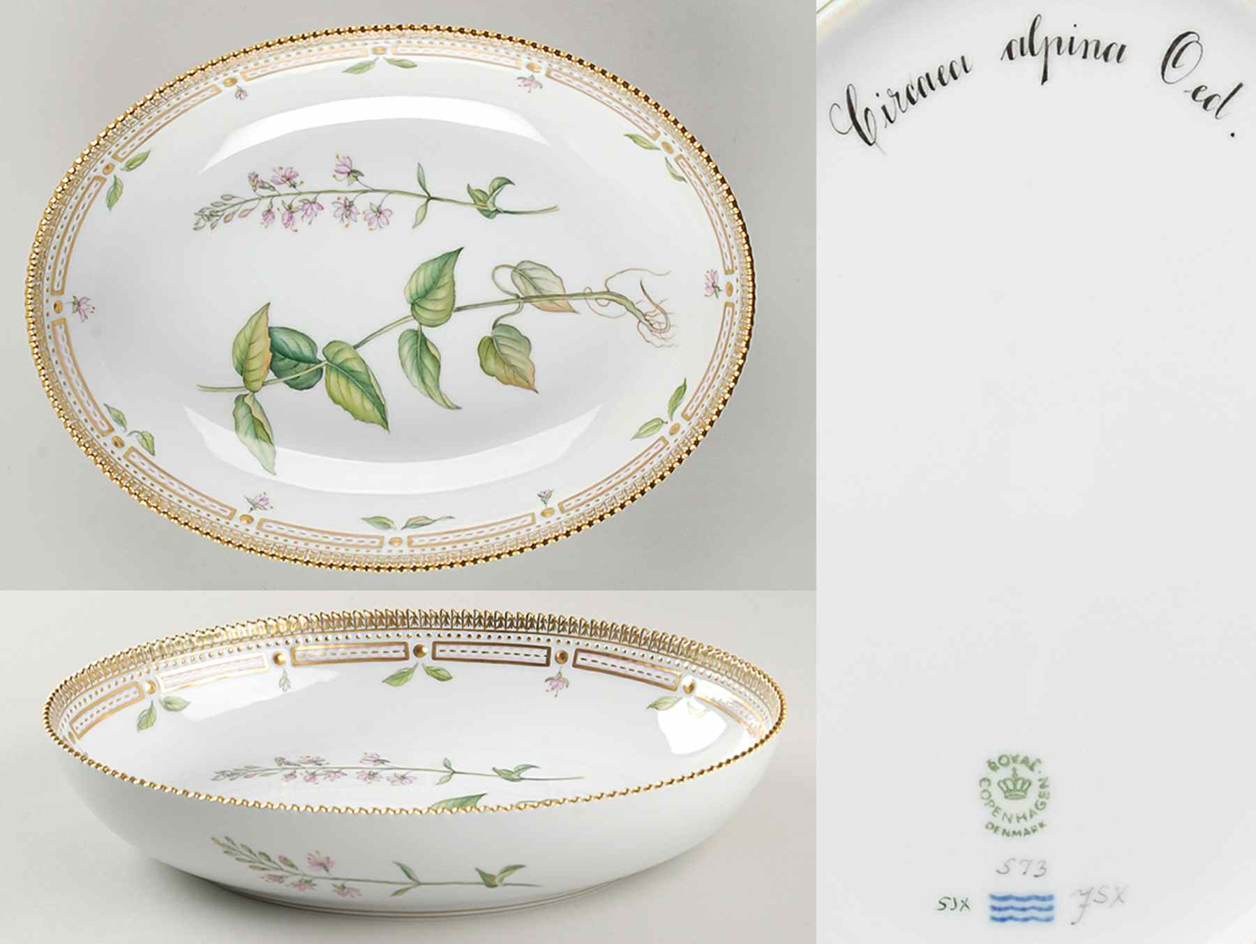 Flora Danica (1961 To Current) 10" Oval Salad Serving Bowl-Circaea alpina Oed by Royal Copenhagen-1