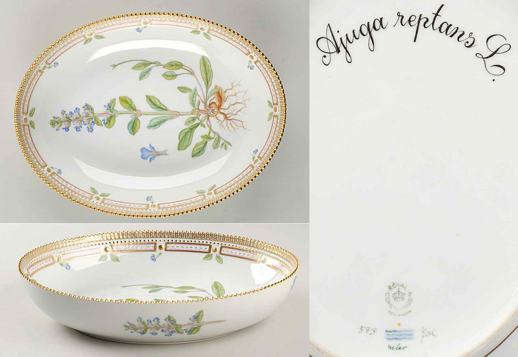 Flora Danica (1961 To Current) 10" Oval Salad Serving Bowl-Ajuga reptans L by Royal Copenhagen-1