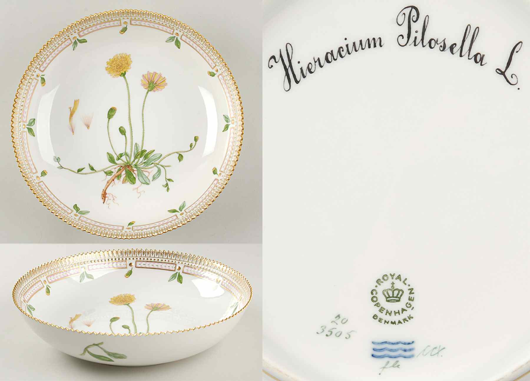 Flora Danica (1961 To Current) 10" Salad Serving Bowl-Hieracium Pilosella L by Royal Copenhagen-1