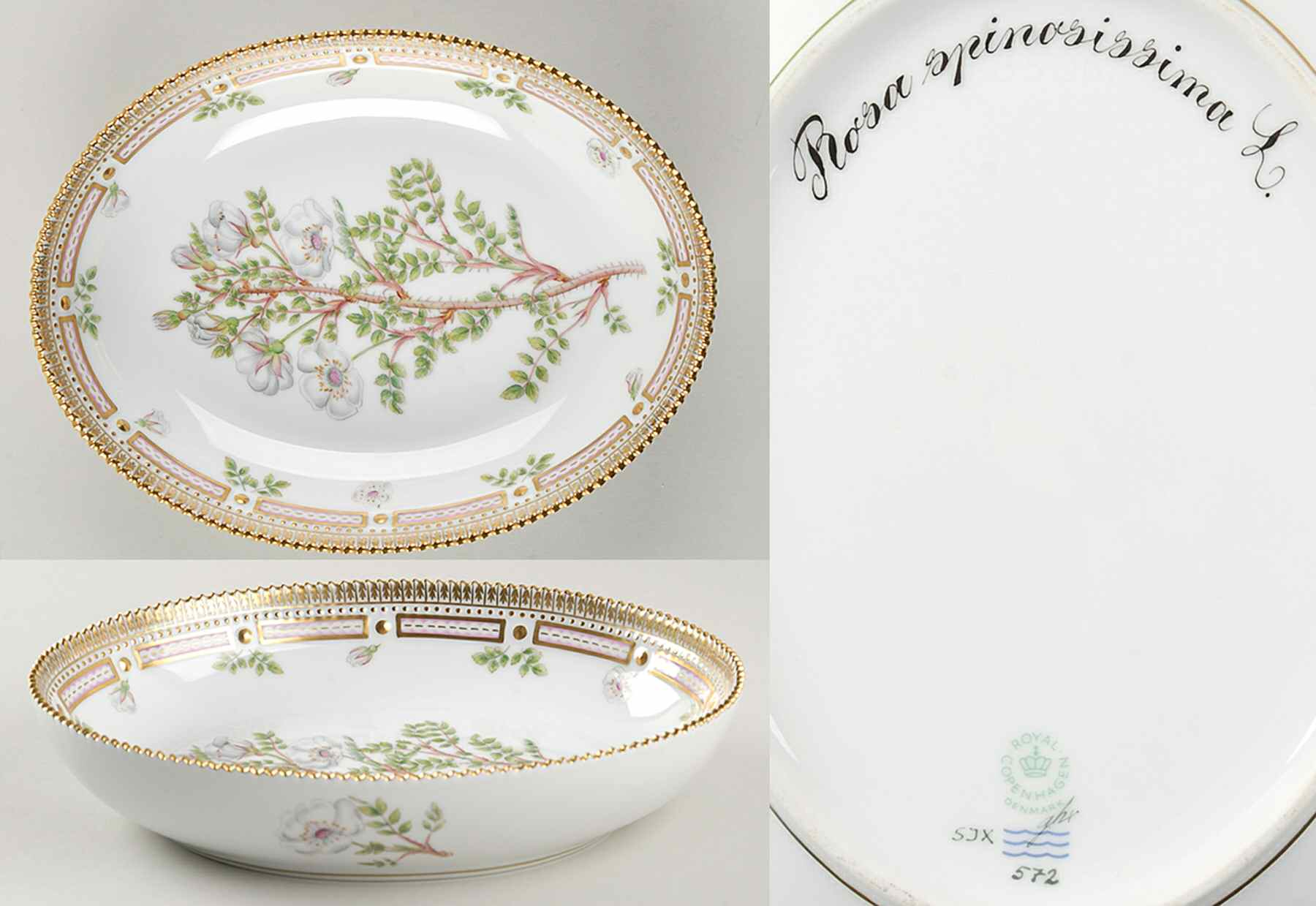 Flora Danica (1961 To Current) 9" Oval Salad Serving Bowl-Rosa spinosissima L. by Royal Copenhagen-1