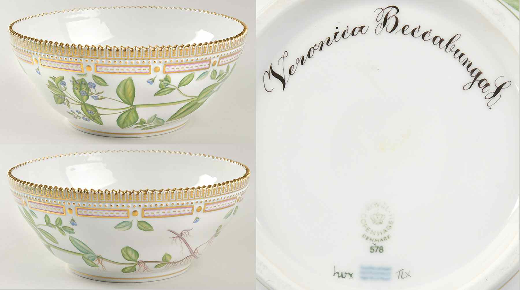Flora Danica (1961 To Current) 9" Tapered Salad Serving Bowl-Veronica Beccabunga by Royal Copenhagen-1