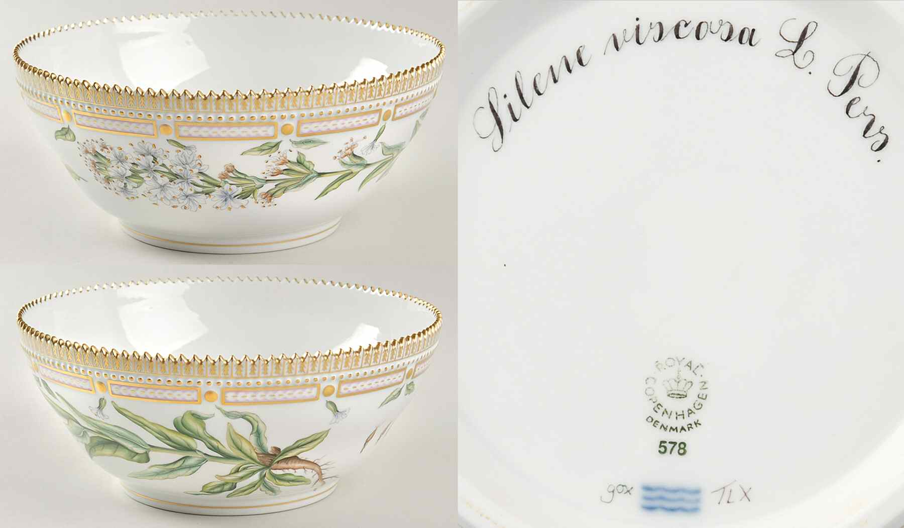 Flora Danica (1961 To Current) 9" Tapered Salad Serving Bowl-Silene viscosa L Per by Royal Copenhagen-1