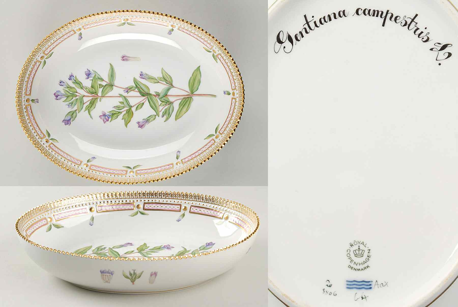 Flora Danica (1961 To Current) 9" Oval Salad Serving Bowl-Gentiana campestris L by Royal Copenhagen-1