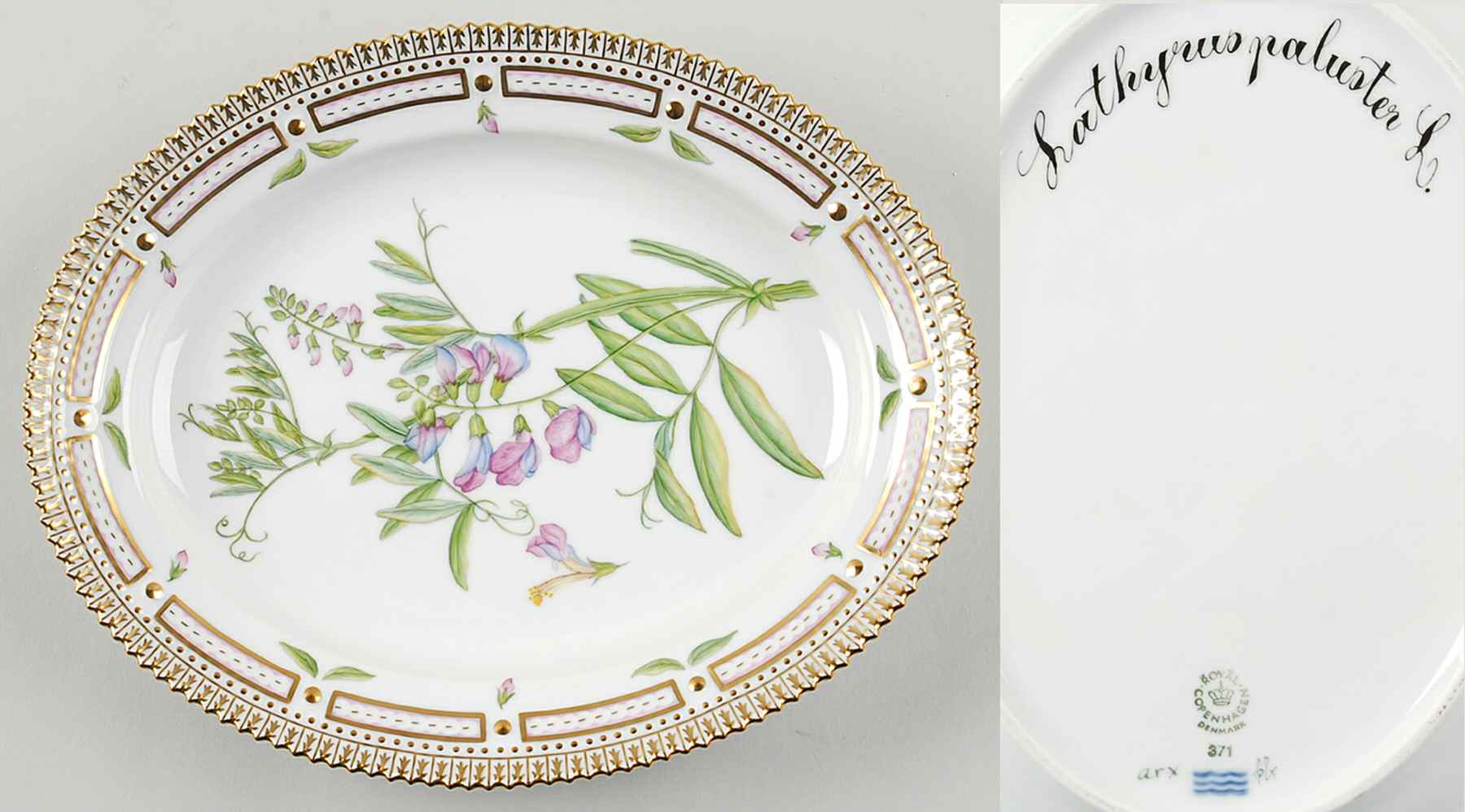 Flora Danica (1961 To Current) 9" Oval Serving Platter-Lathyrus paluster L by Royal Copenhagen-1