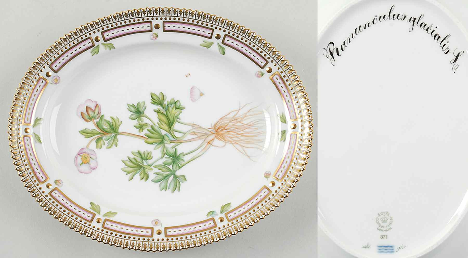 Flora Danica (1961 To Current) 9" Oval Serving Platter-Ranunculus glacialis L by Royal Copenhagen-1