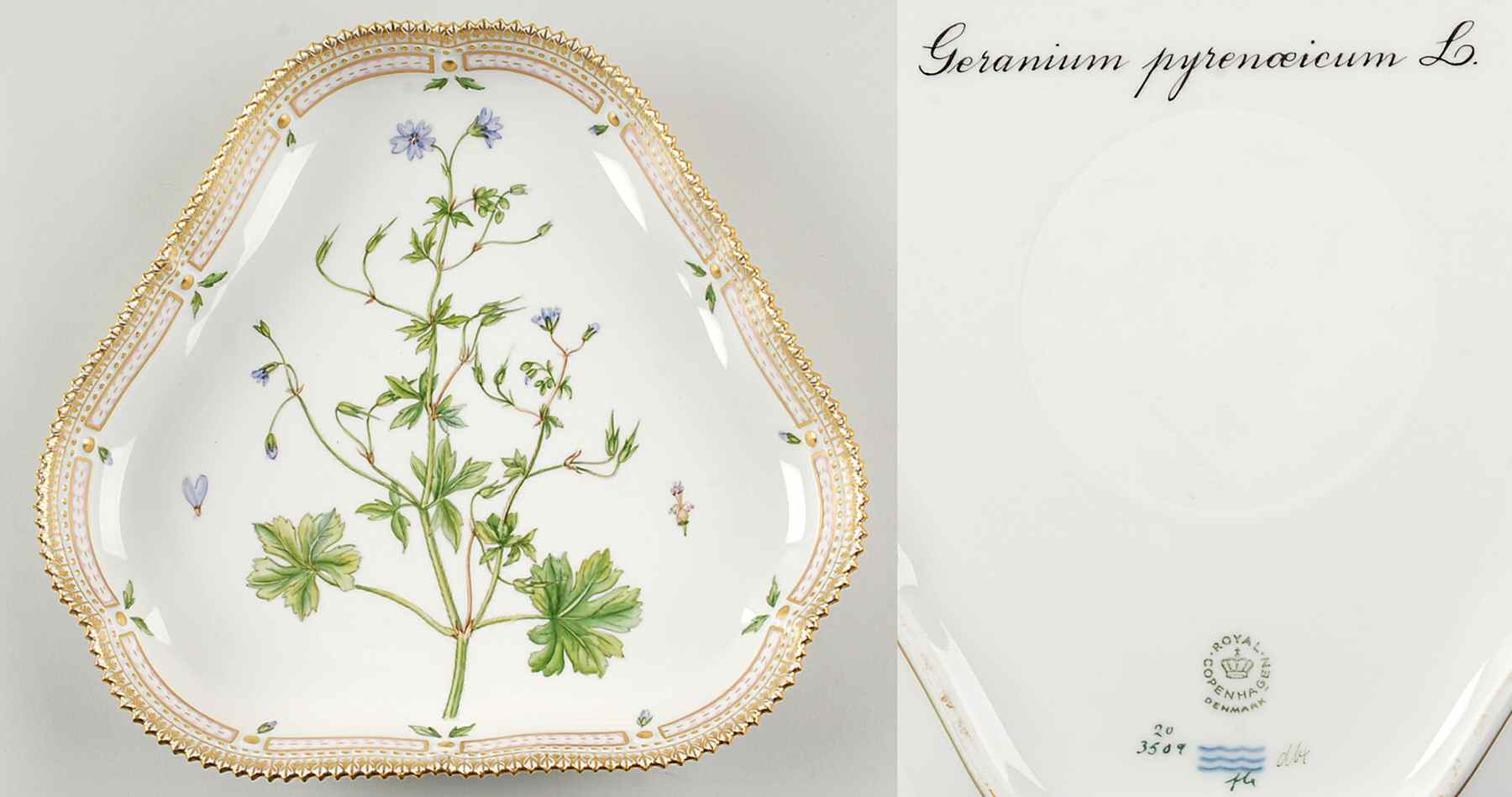 Flora Danica (1961 To Current) 10" Triangular Salad Serving Bowl-Geranium pyrenoe by Royal Copenhagen-1