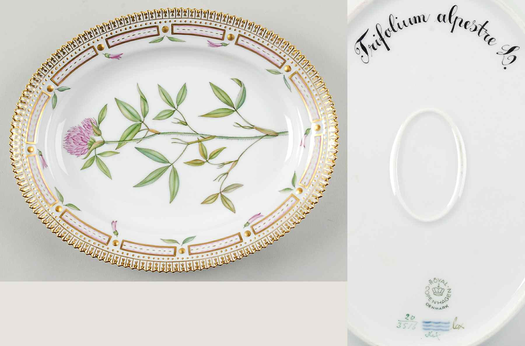 Flora Danica (1961 To Current) 9" Oval Serving Platter-Trifolium alpestre L by Royal Copenhagen-1