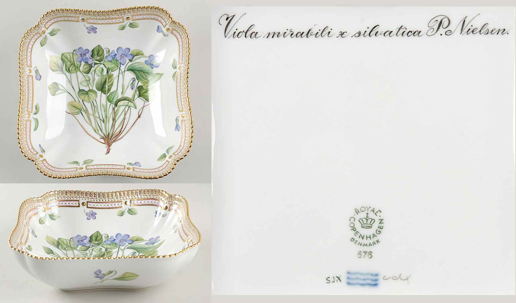 Flora Danica (1961 To Current) 8" Square Salad Serving Bowl-Viola mirabili x silv by Royal Copenhagen-1