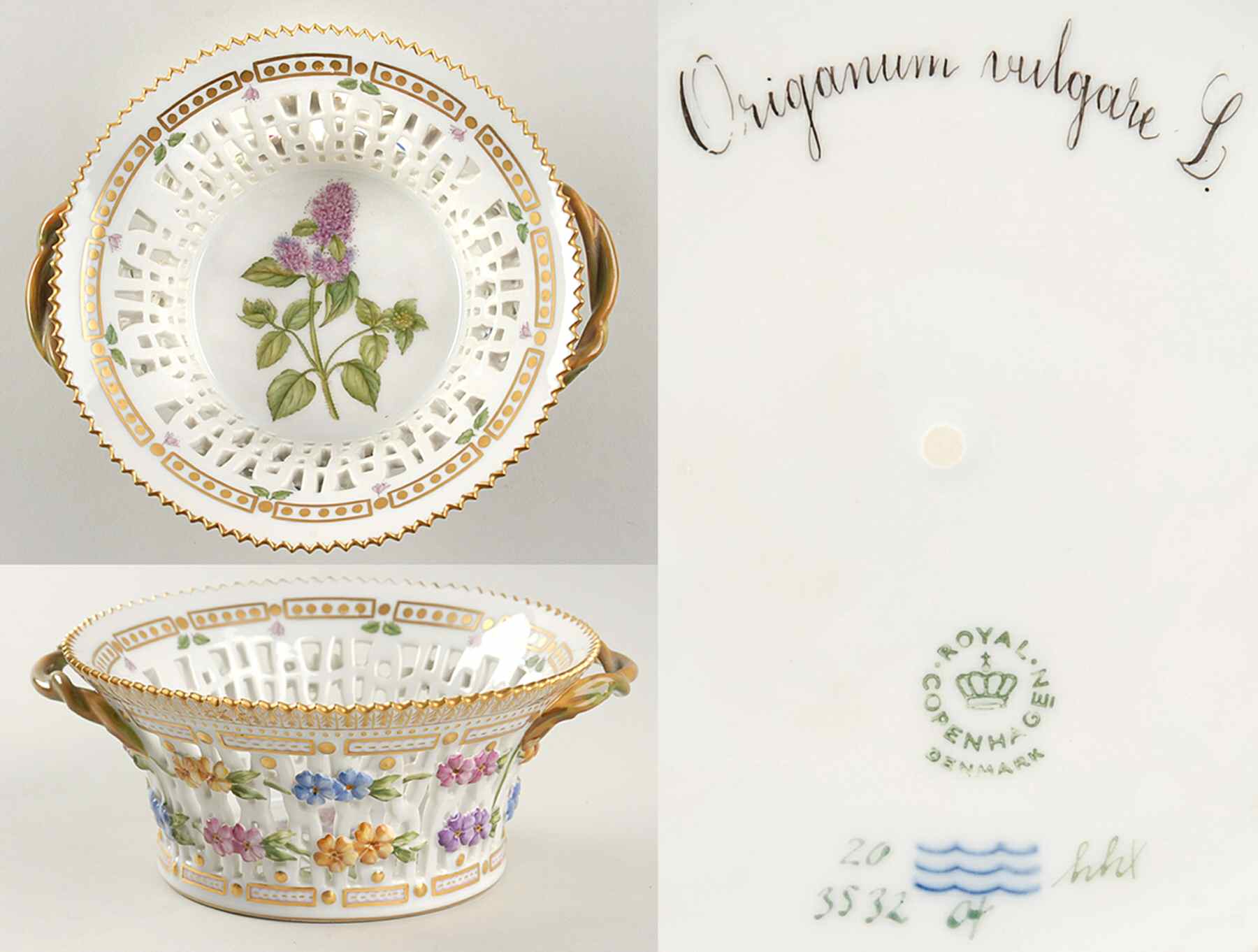 Flora Danica (1961 To Current) 7" Round Fruit Basket-Origanum vulgare L by Royal Copenhagen-1