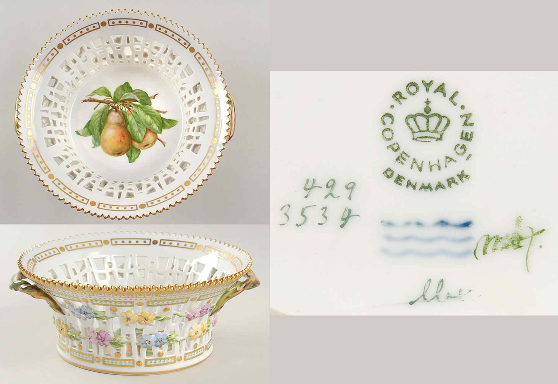 Flora Danica (1961 To Current) 8" Round Fruit Basket-Pears by Royal Copenhagen-1