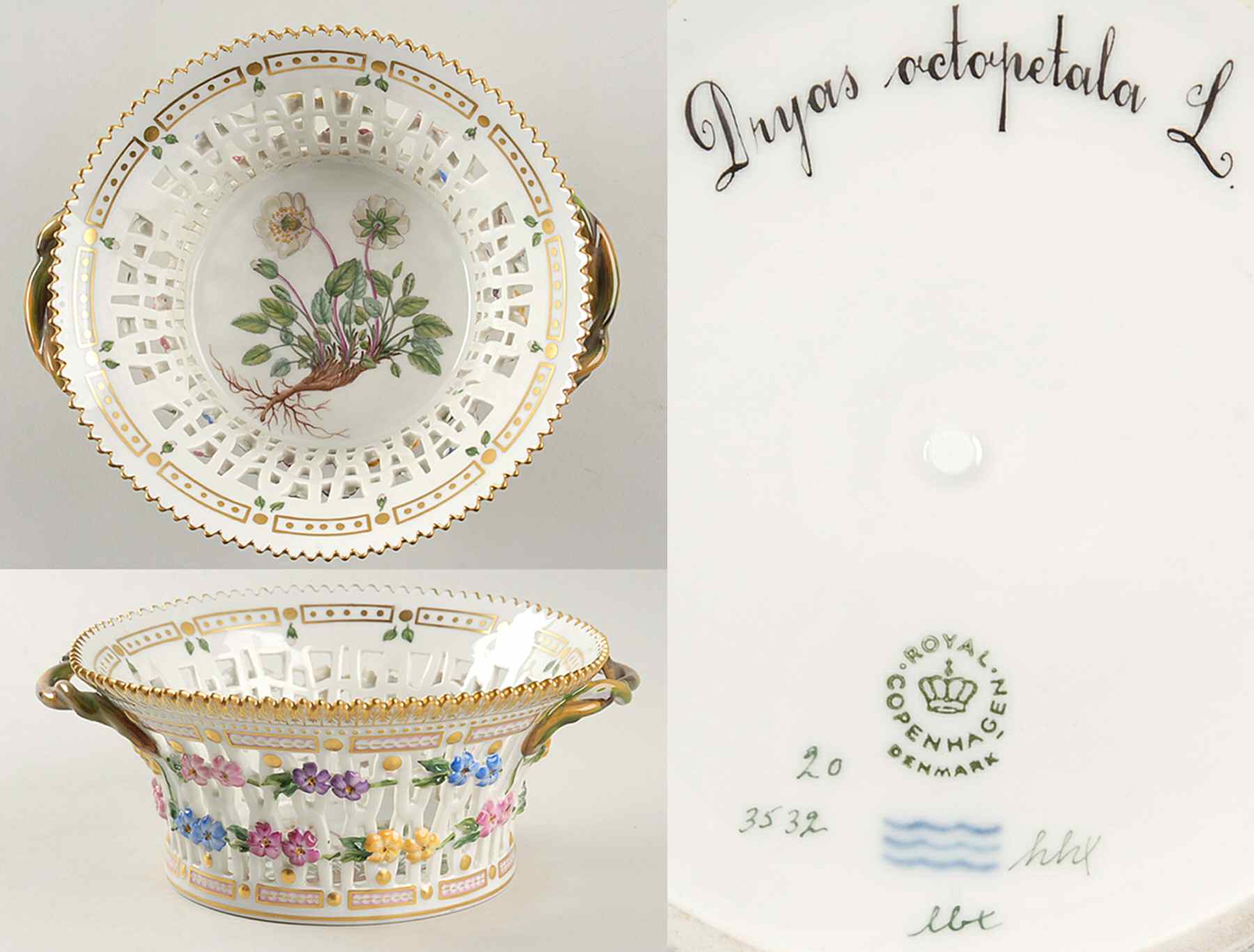 Flora Danica (1961 To Current) 7" Round Fruit Basket-Dryas vetopetala L by Royal Copenhagen-1