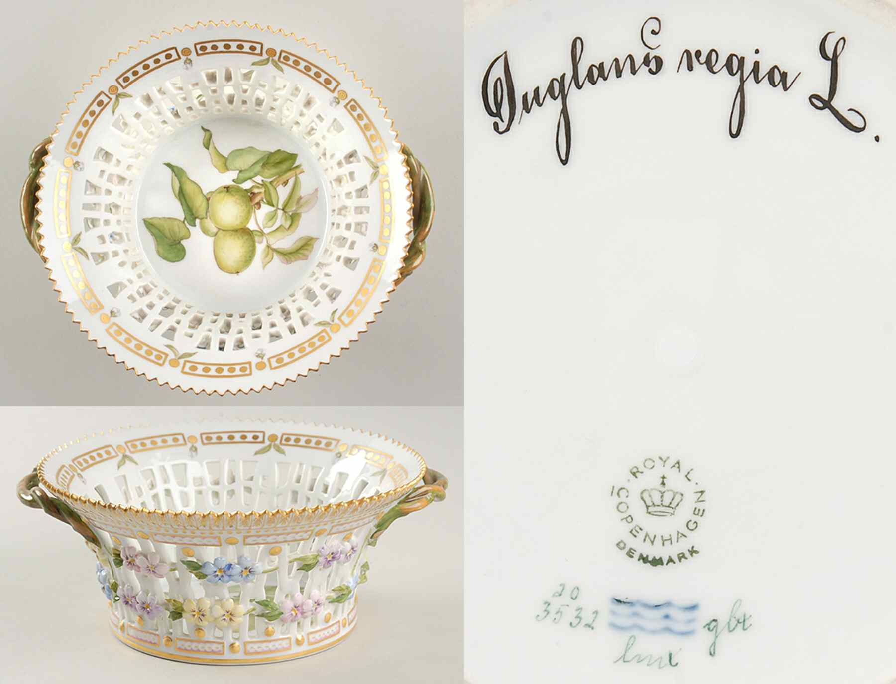 Flora Danica (1961 To Current) 7" Round Fruit Basket-Juglans regia L by Royal Copenhagen-1