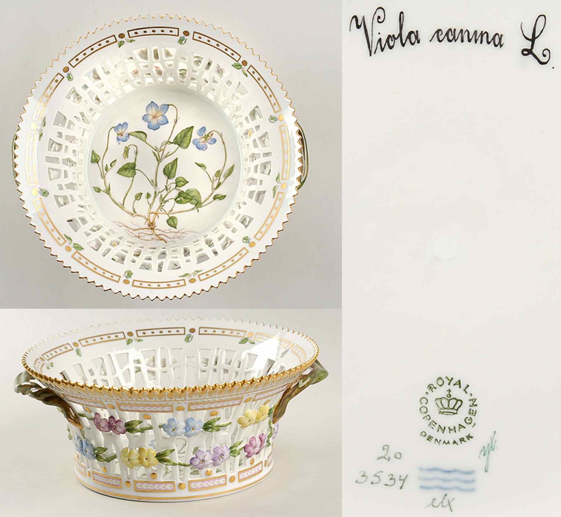 Flora Danica (1961 To Current) 8" Round Fruit Basket-Viola canina L by Royal Copenhagen-1
